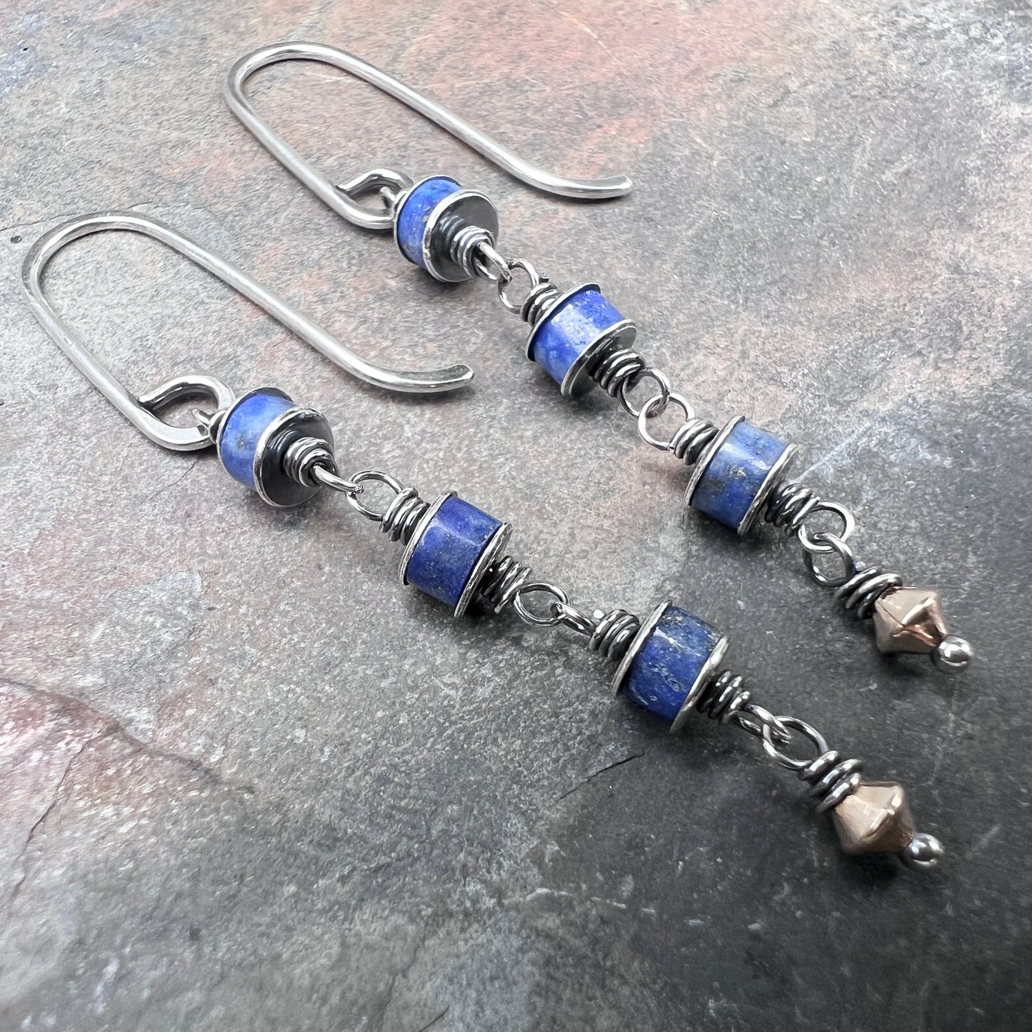 Sterling Silver Lapis Lazuli Earrings | Blue Natural Stone Wire-wrapped Dangle Earrings