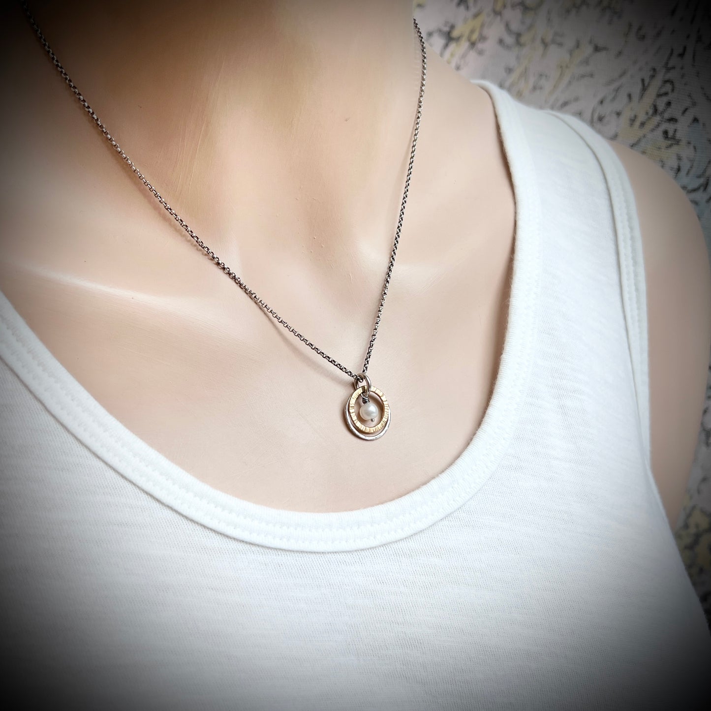 Dainty Pearl Sterling Silver Necklace | Mixed Metal White Pearl Pendant