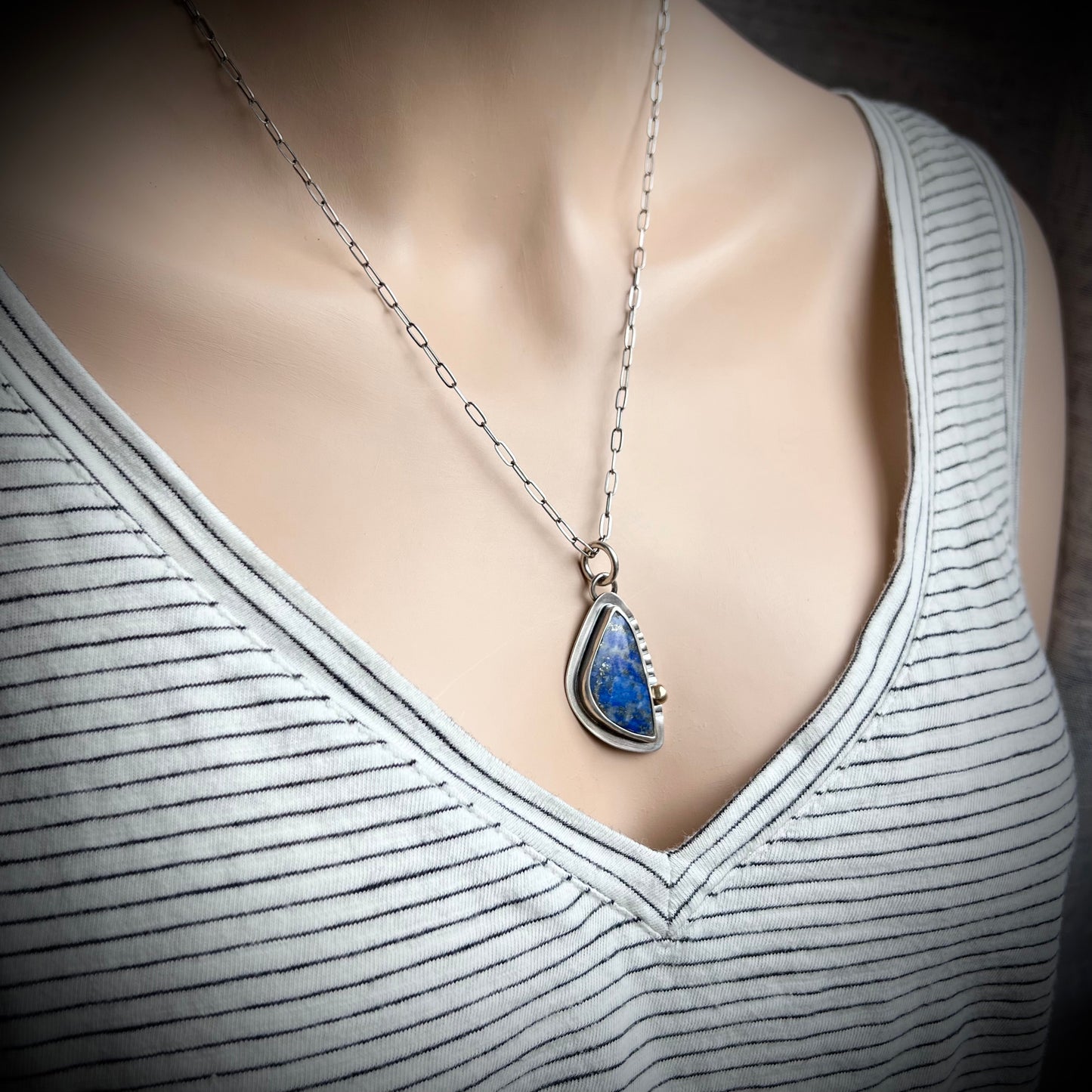 Sterling Silver Lapis Necklace One of a Kind Natural Stone Freeform Blue Pendant