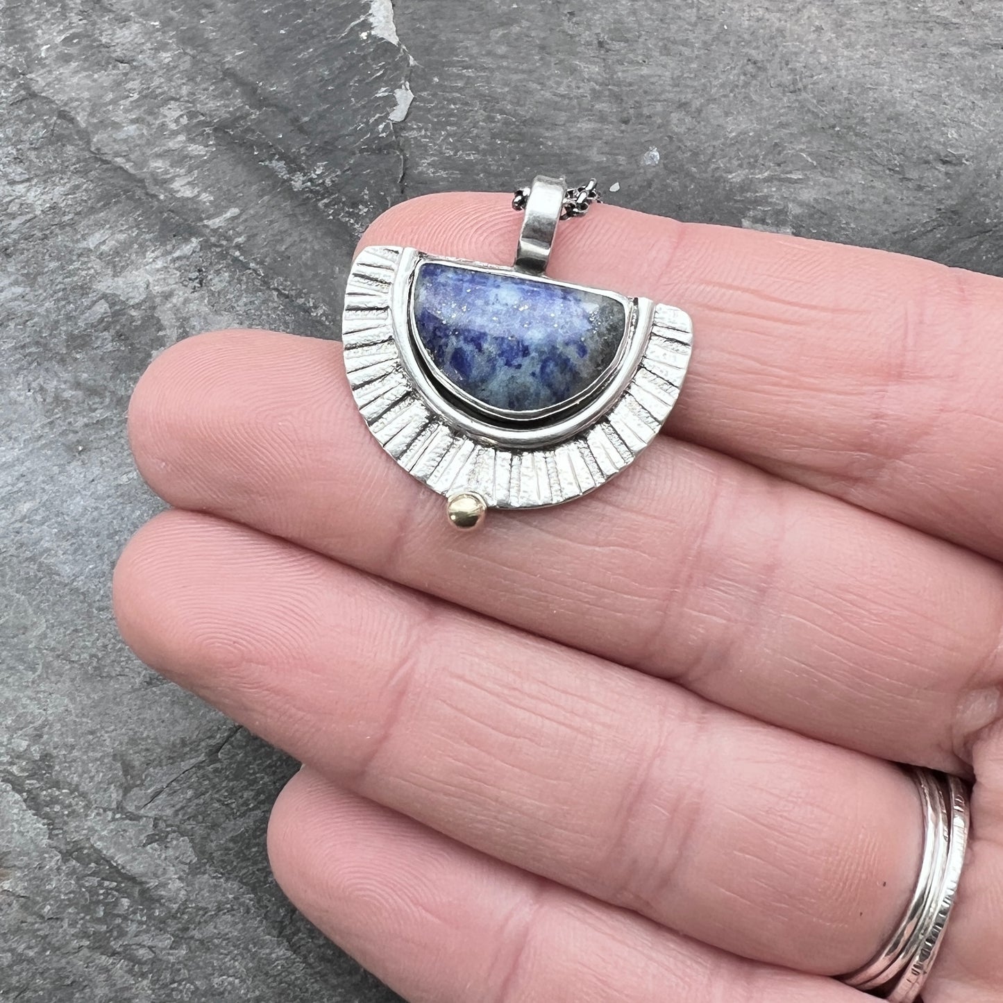 Sterling Silver Lapis Lazuli Necklace | Blue Natural Stone Half Moon Pendant