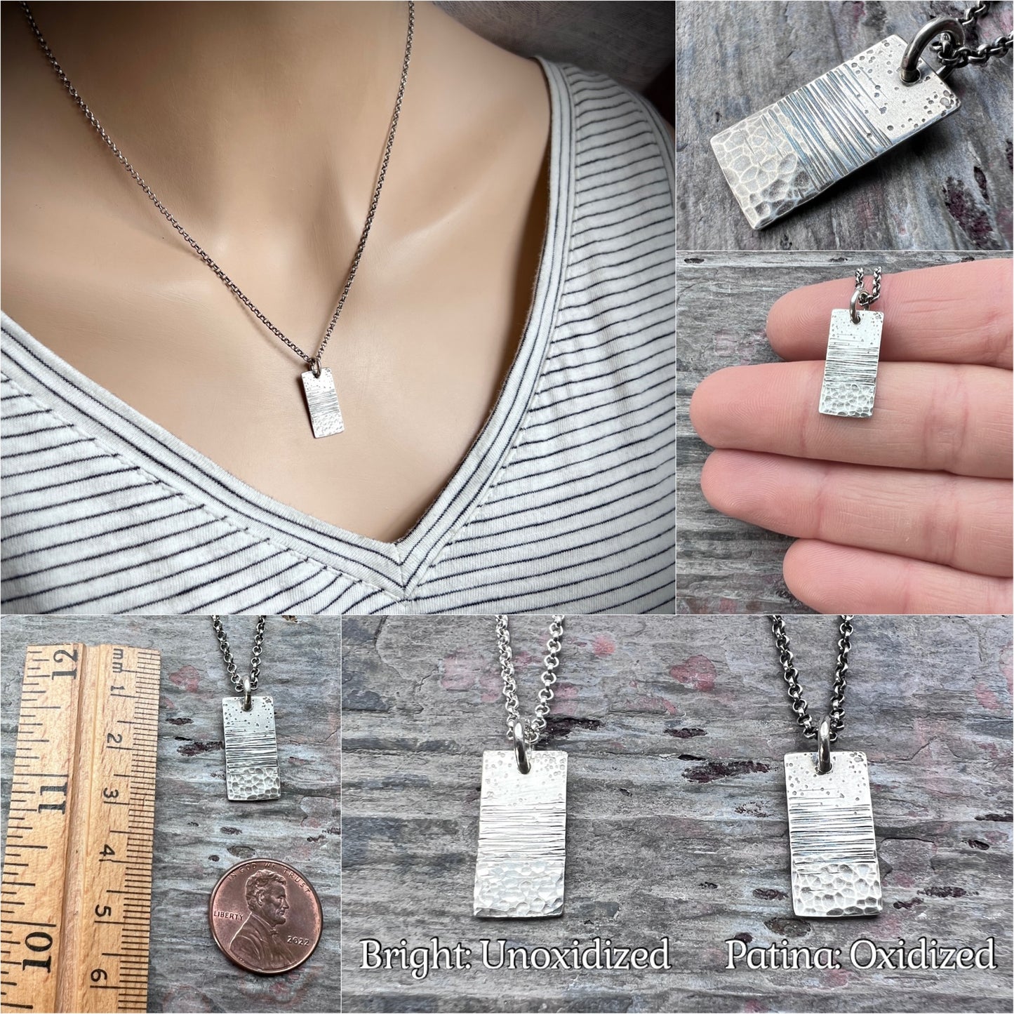 Sterling Silver Hammered Necklace | Artsy Multi Textured Rectangle Pendant