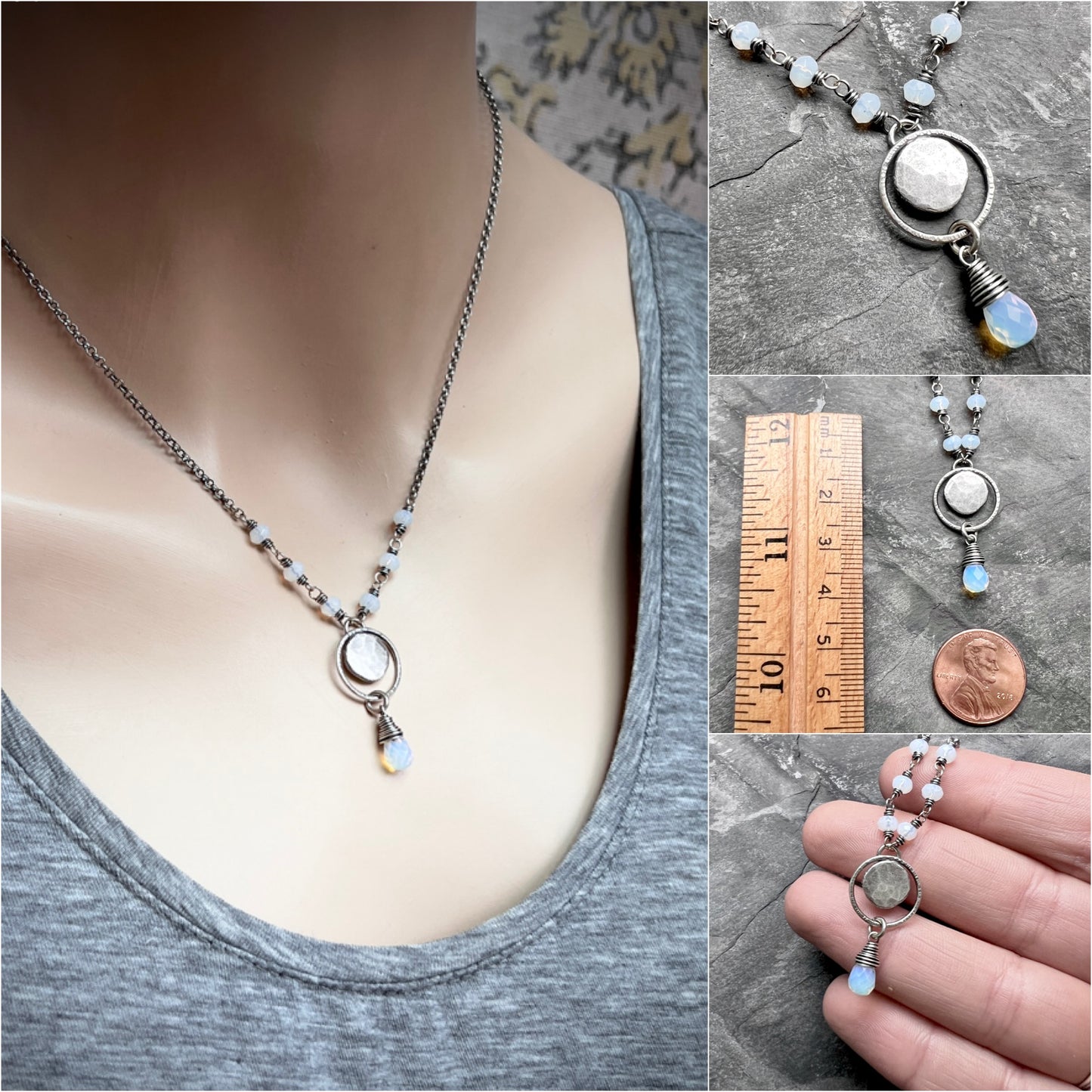 Sterling Silver Opalite Necklace | Wire-wrapped Opalite with Hammered Silver Pebble Pendant