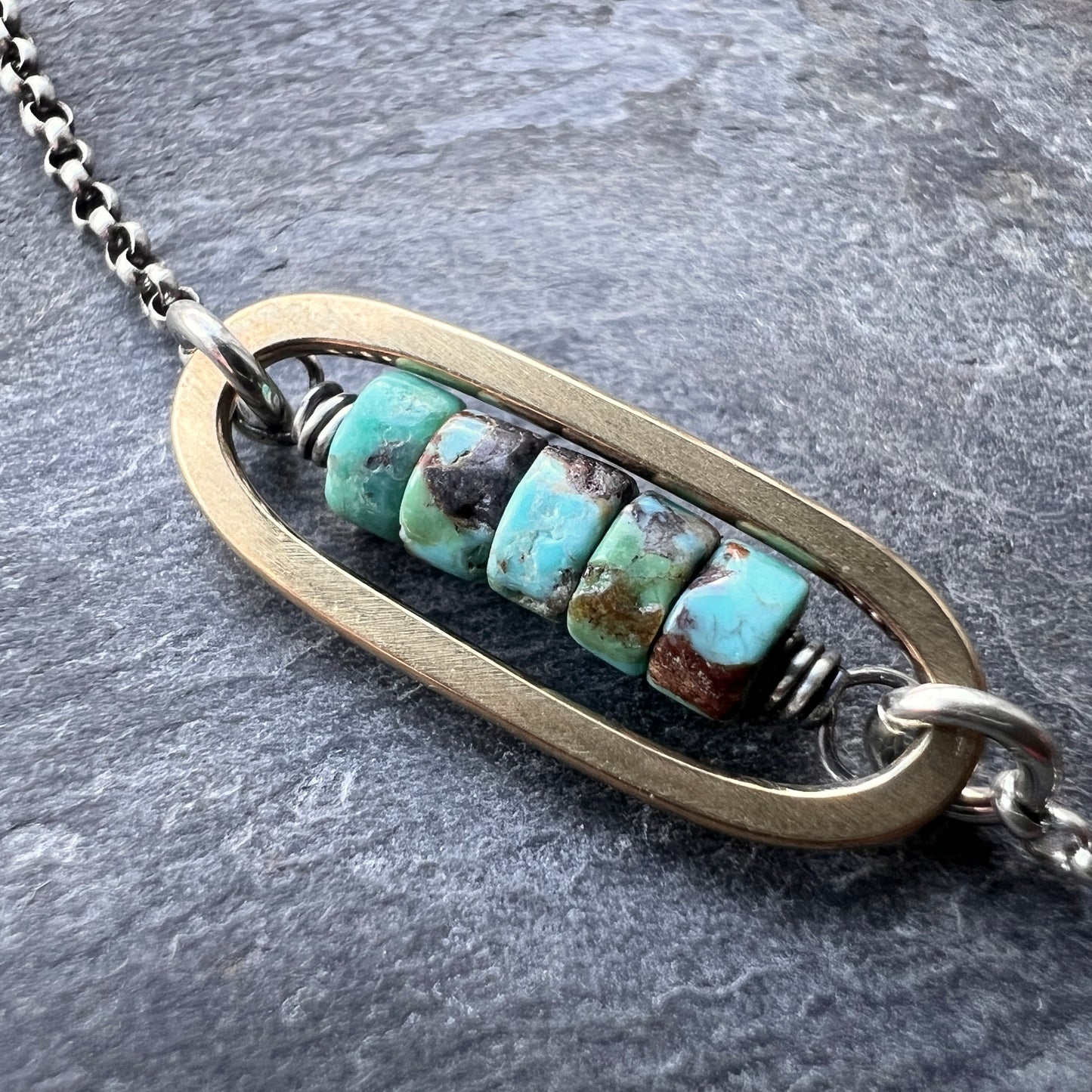 Turquoise Sterling Silver Necklace | Mixed Metal Brown Matrix Turquoise Small Pendant