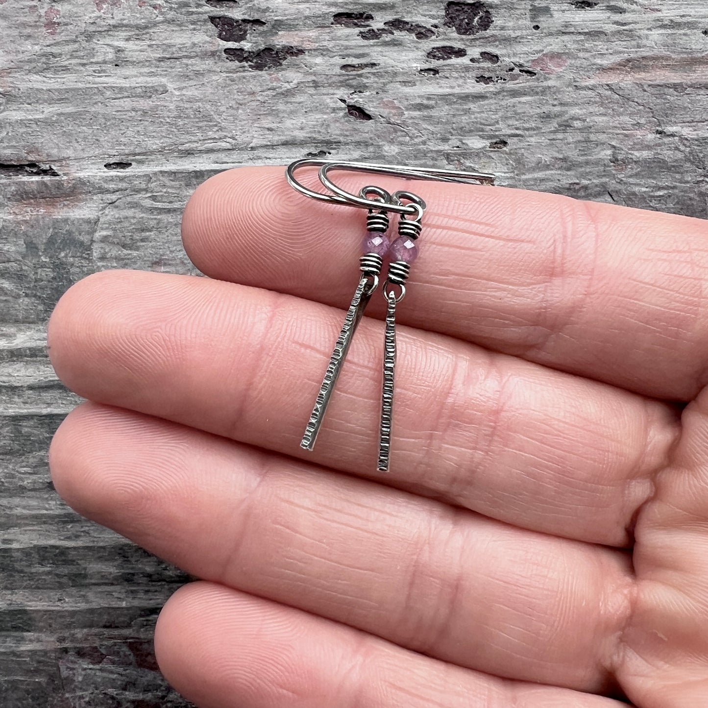 Customizable Sterling Silver Birthstone Earrings | Genuine Gemstone and Hammered Bar Dangle Earrings