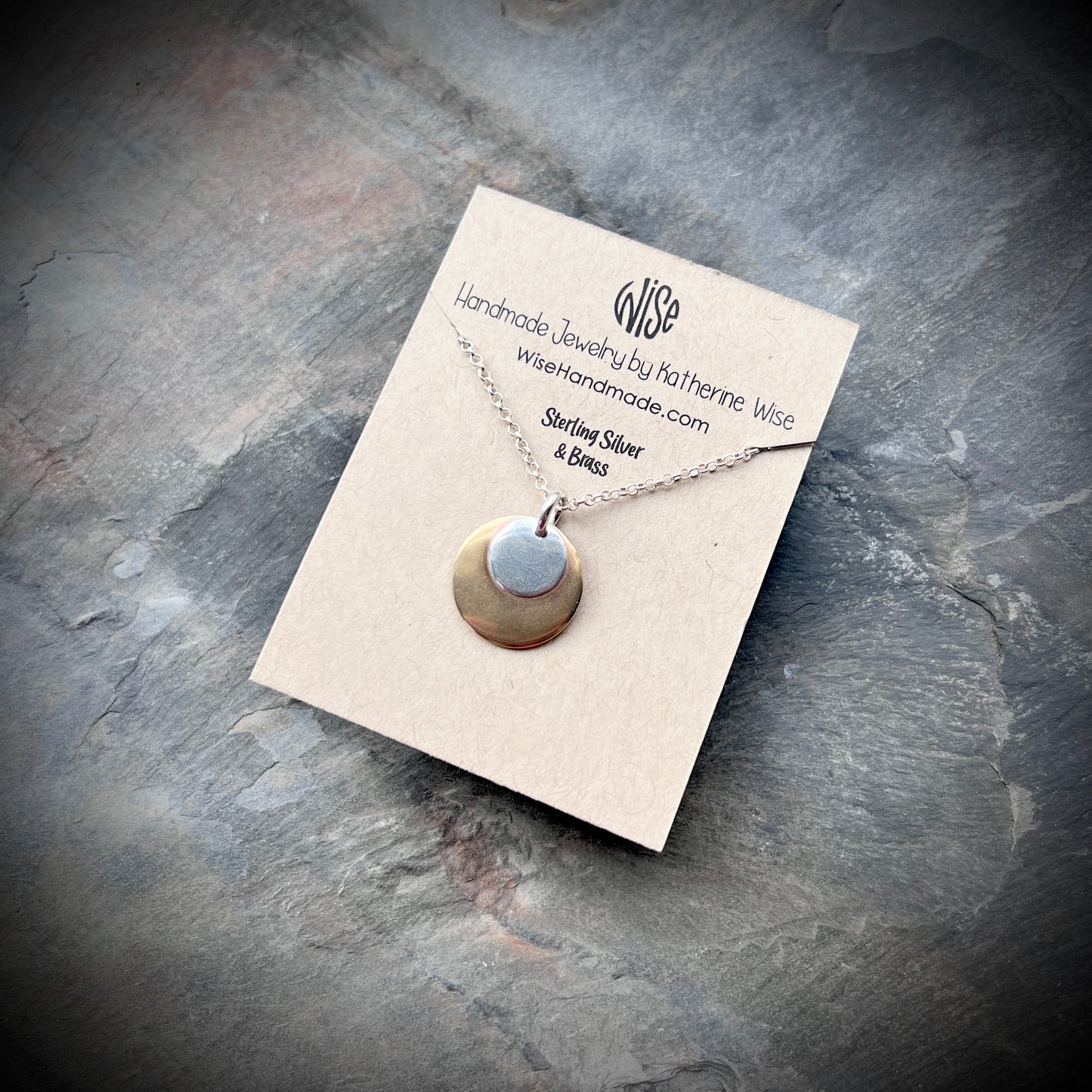 Sterling Silver and Gold Brass Necklace | Mixed Metal Layered Circle Pendant