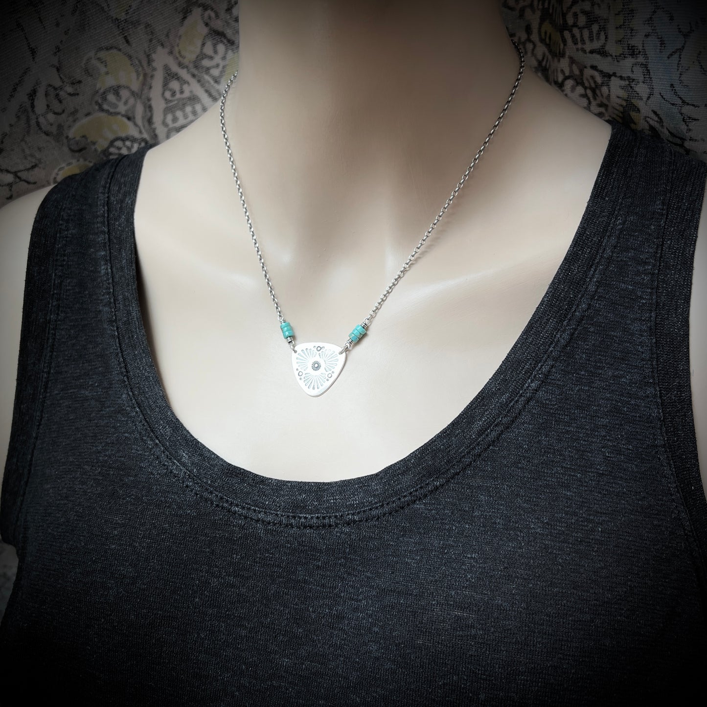 Genuine Turquoise Sterling Silver Necklace | Natural Stone and Stamped Triangular Pendant