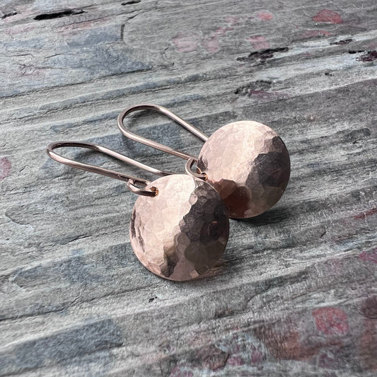 Hammered 14k Rose Goldfill Earrings | Small Hammered Gold or Silver Circle Dangle Earrings