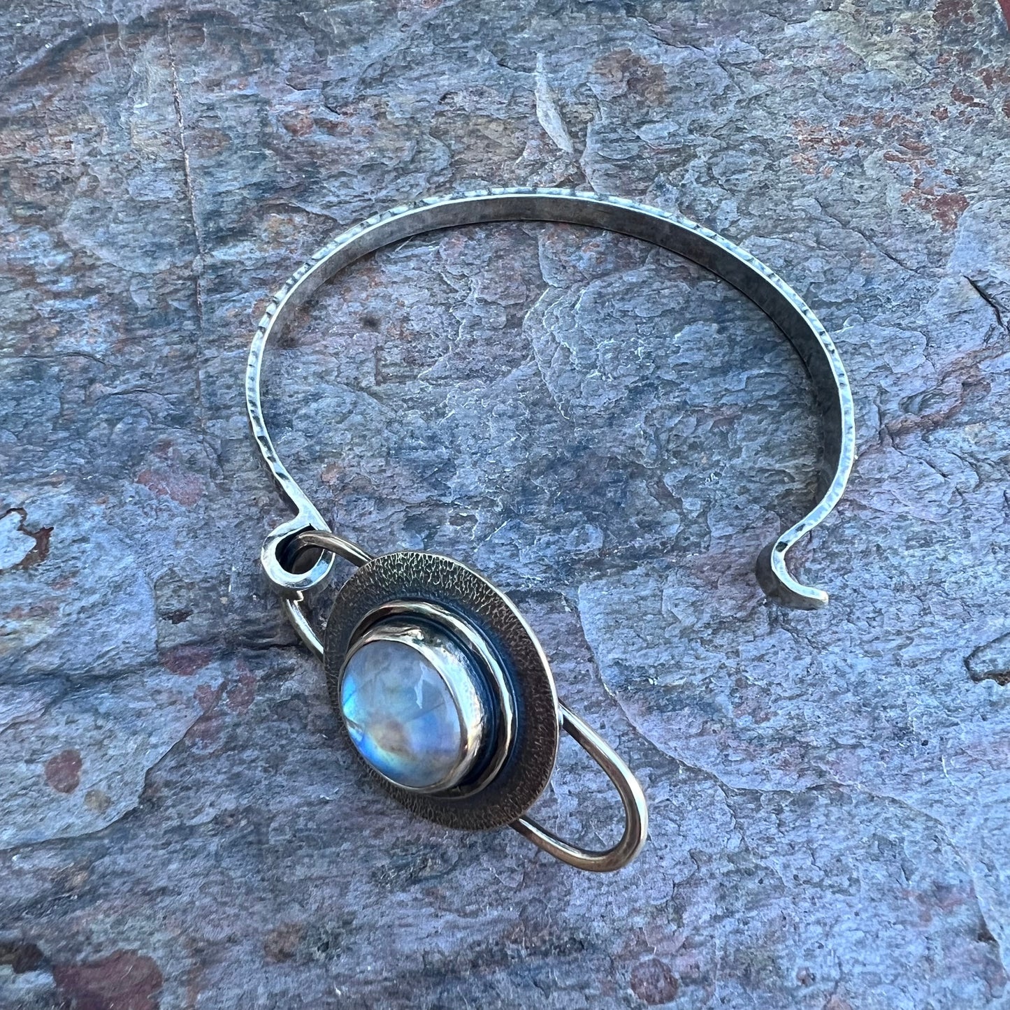 Rainbow Moonstone Sterling Silver Bracelet - Handmade One-of-a-kind Tension Cuff Bracelet