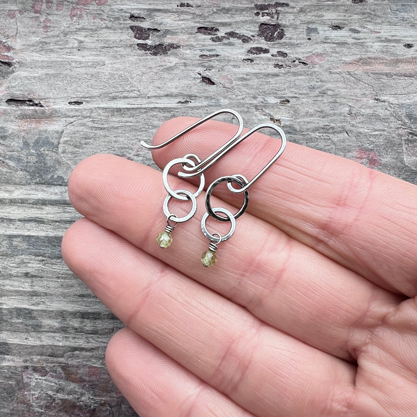 Customizable Sterling Silver Birthstone Earrings | Genuine Gemstone and Small Hammered Circles Dangle Earrings