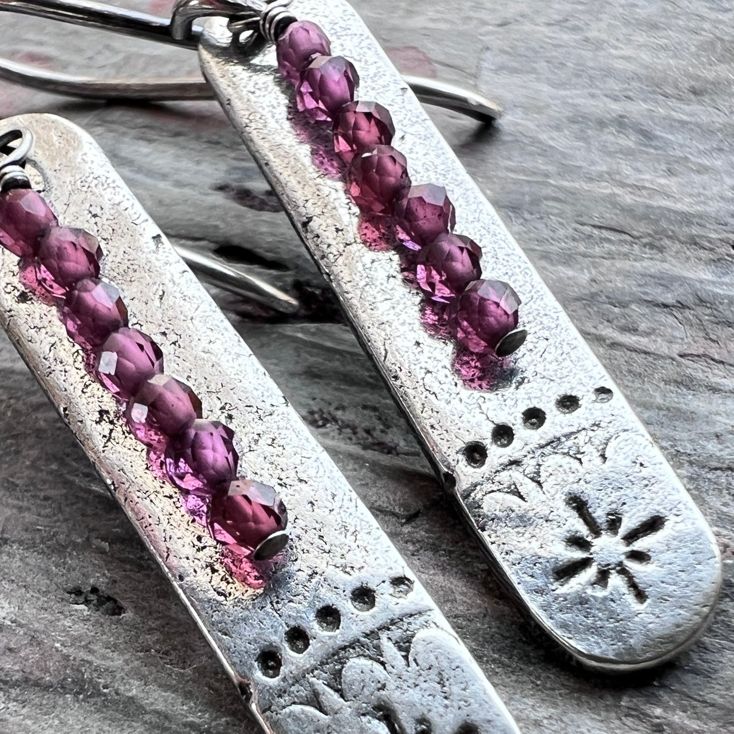 Garnet Sterling Silver Earrings | Stamped Silver and Genuine Garnet Elongated Dangles