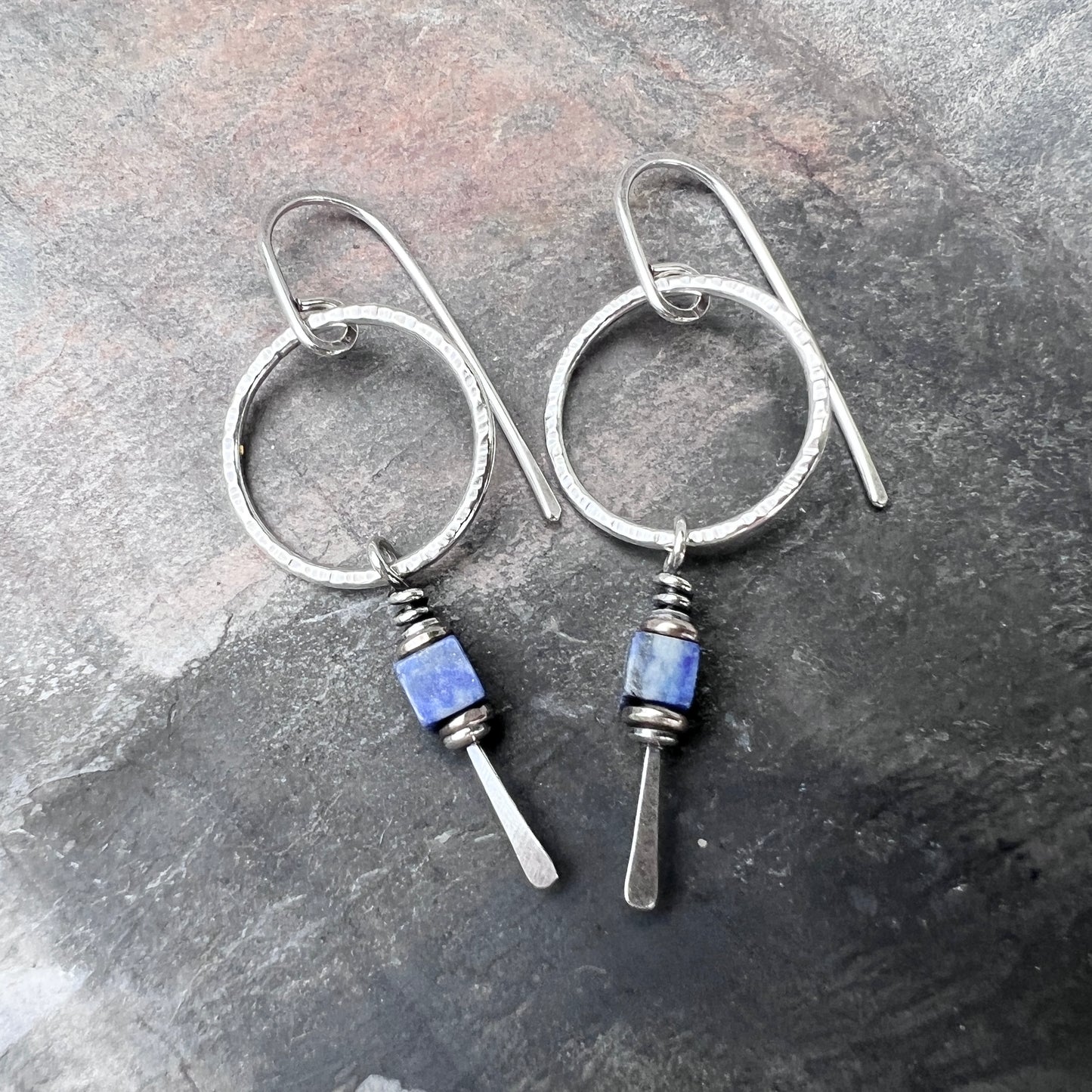Sterling Silver Lapis Lazuli Earrings | Blue Natural Stone Dangle Hoops