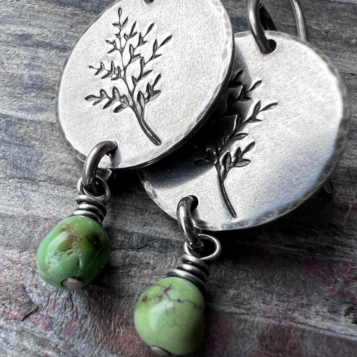 Sterling Silver Turquoise Earrings | Sprig Leaf Dangle Earrings with Genuine Turquoise Beads