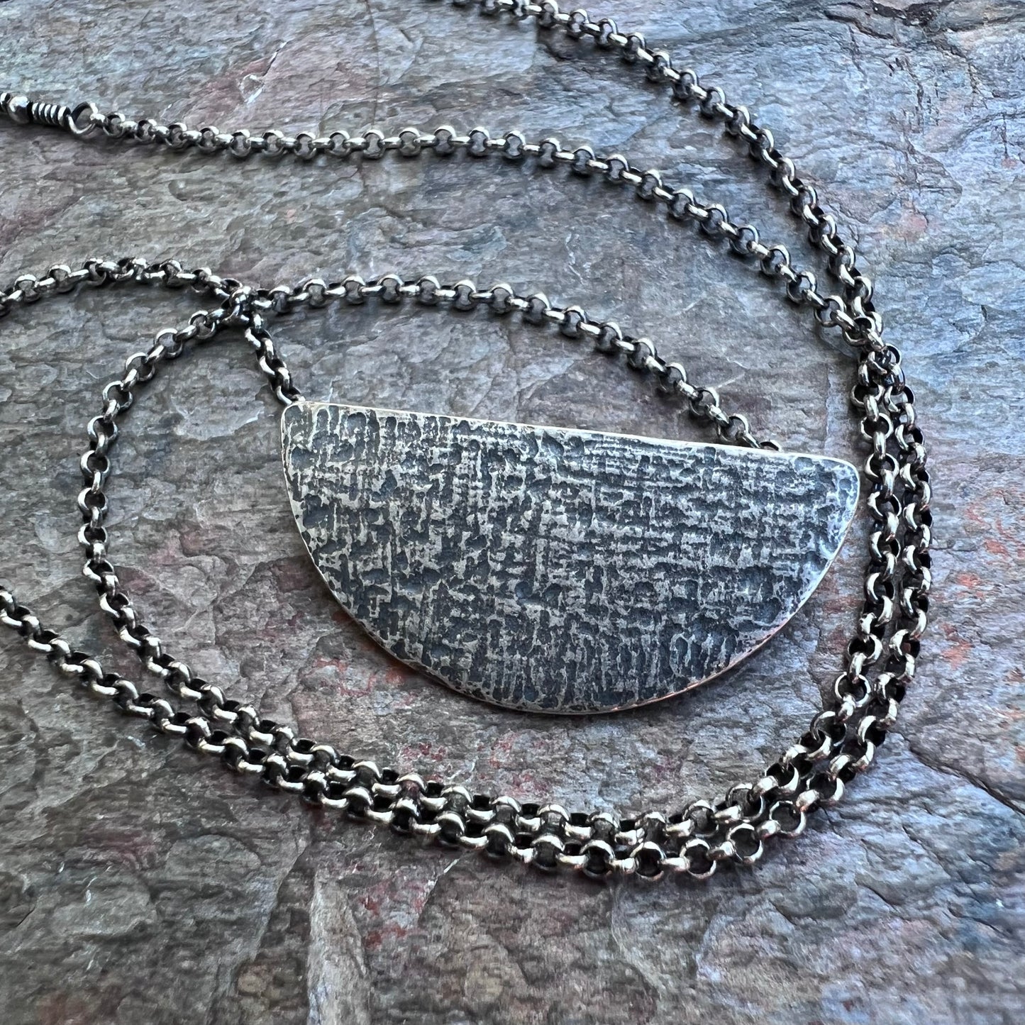 Sterling Silver Semicircle Necklace - Textured Half Moon Sterling Silver Pendant on Sterling Silver Chain