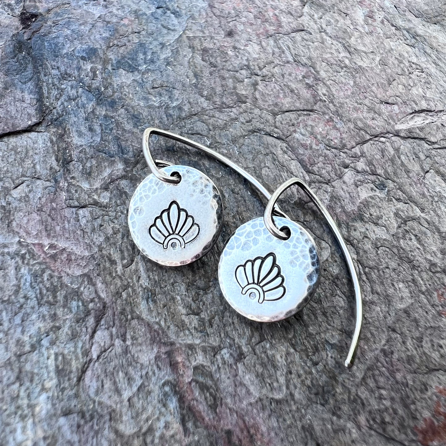Sterling Silver Stamped Flower Petal Earrings | Small Hammered Circle Dangle Earrings