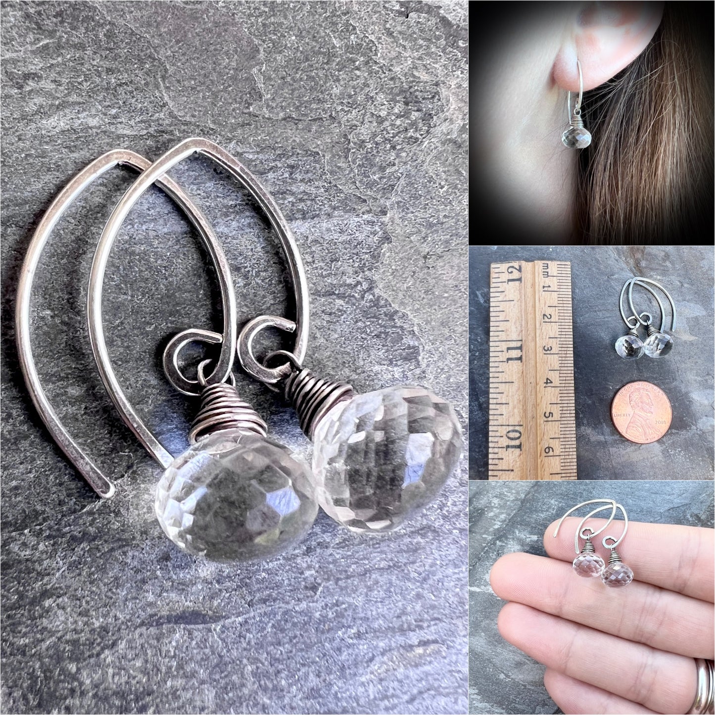 Sterling Silver Crystal Quartz Earrings | Clear Natural Stone Teardrop Dangles