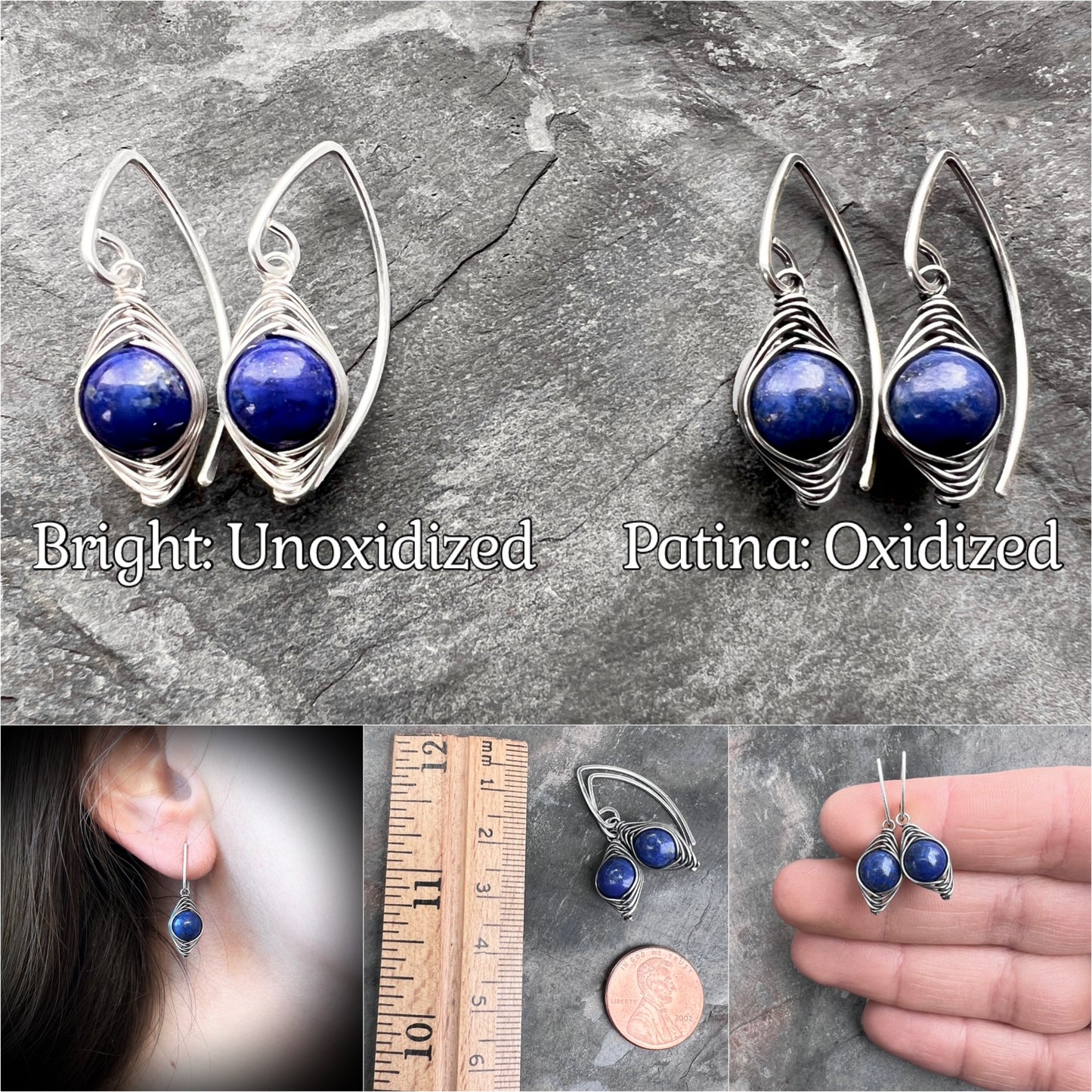 Sterling Silver Lapis Lazuli Earrings | Blue Natural Stone Wire-wrapped Dangle Earrings
