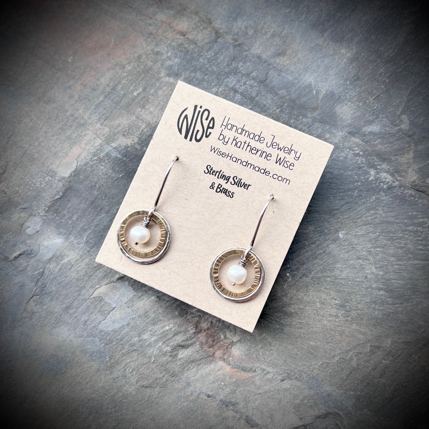 Sterling Silver Mixed Metal Pearl Earrings - Genuine Pearls in Hammered Silver and Brass Dangle Earrings