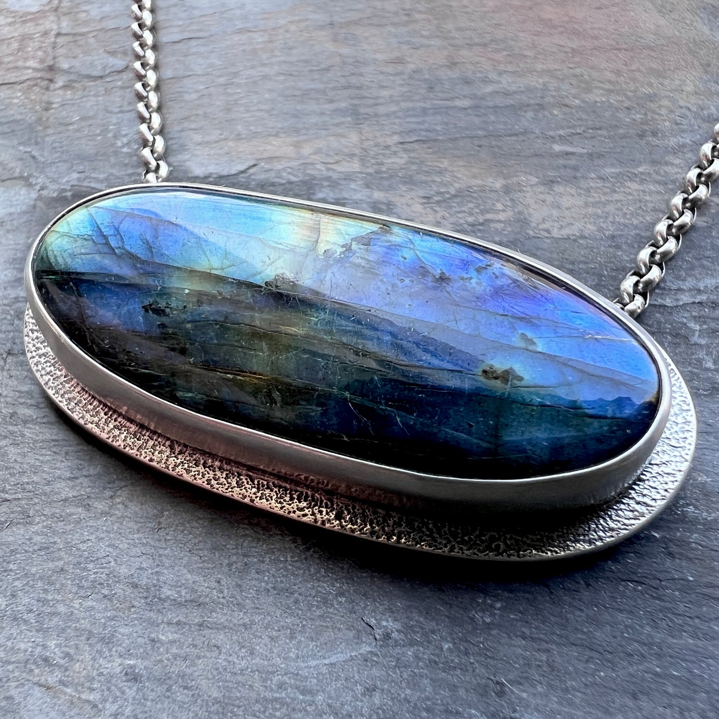 Sterling Silver Labradorite Necklace | Natural Stone Wide Oval Pendant