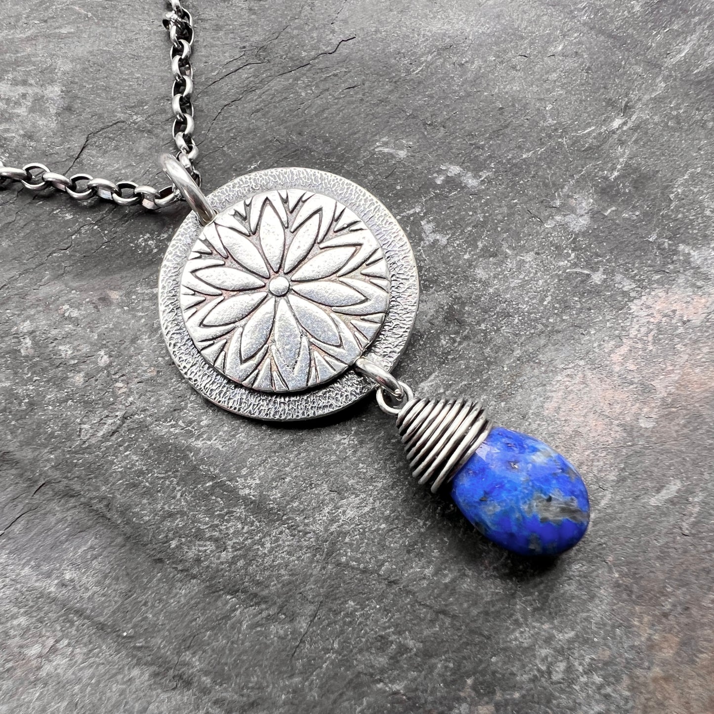 Sterling Silver Lapis Lazuli Necklace | Stamped Flower and Blue Stone Teardrop Pendant