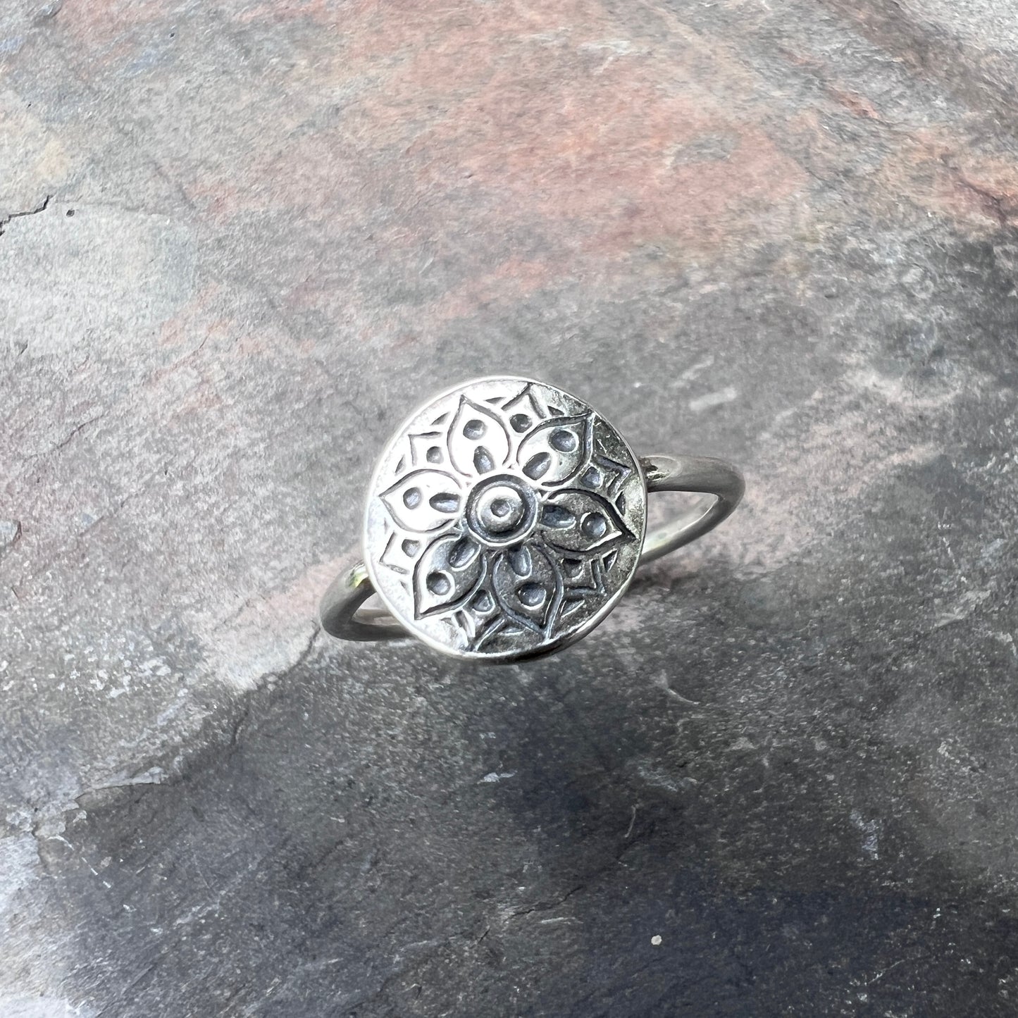 Sterling Silver Flower Medallion Ring | Stamped Silver Circle Floral Pattern Ring