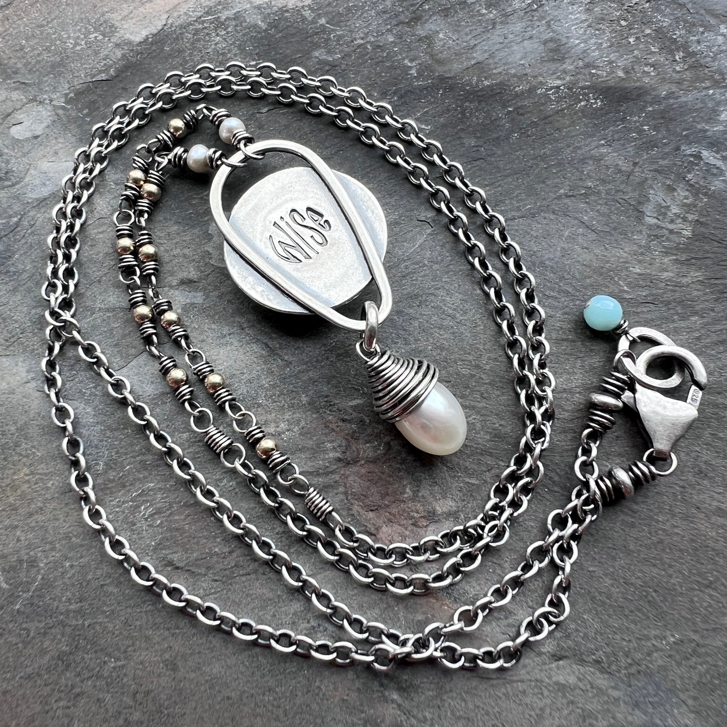 Sterling Silver Turquoise and Pearl Necklace | Natural Turquoise Cabochon with Wire-wrapped Pearl Pendant