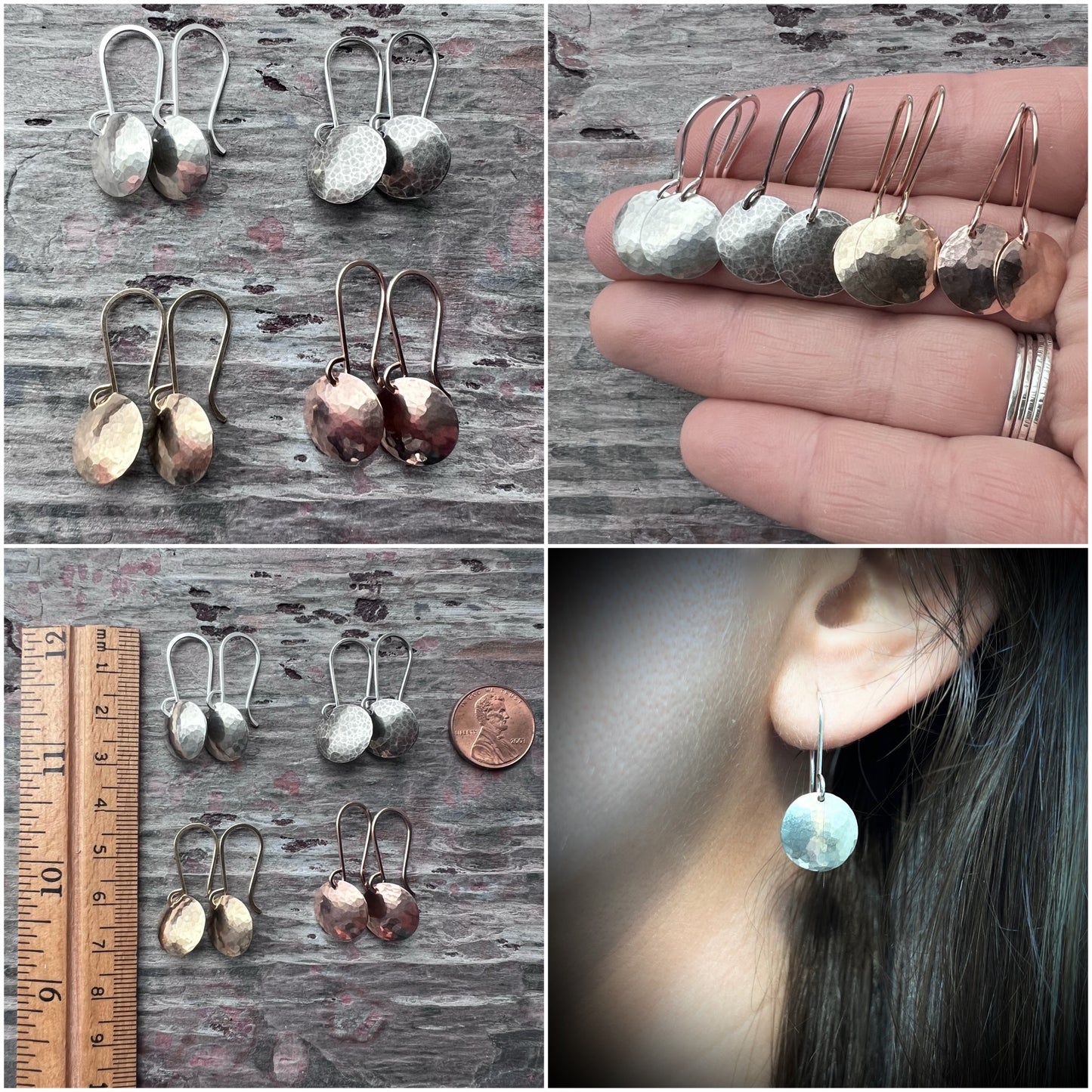 Hammered Sterling Silver Earrings | Small Hammered Silver or Gold Circle Dangle Earrings