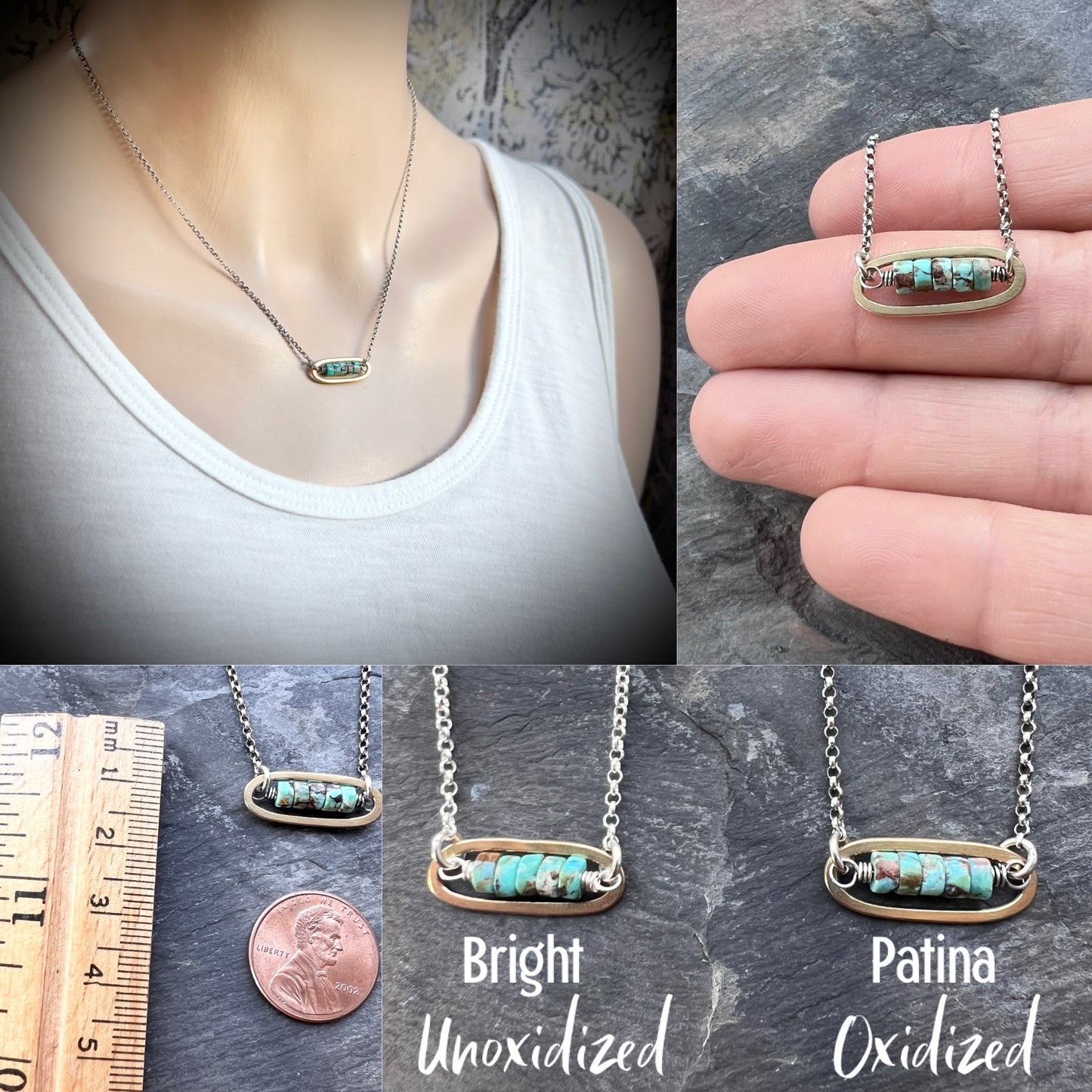 Turquoise Sterling Silver Necklace | Mixed Metal Brown Matrix Turquoise Small Pendant