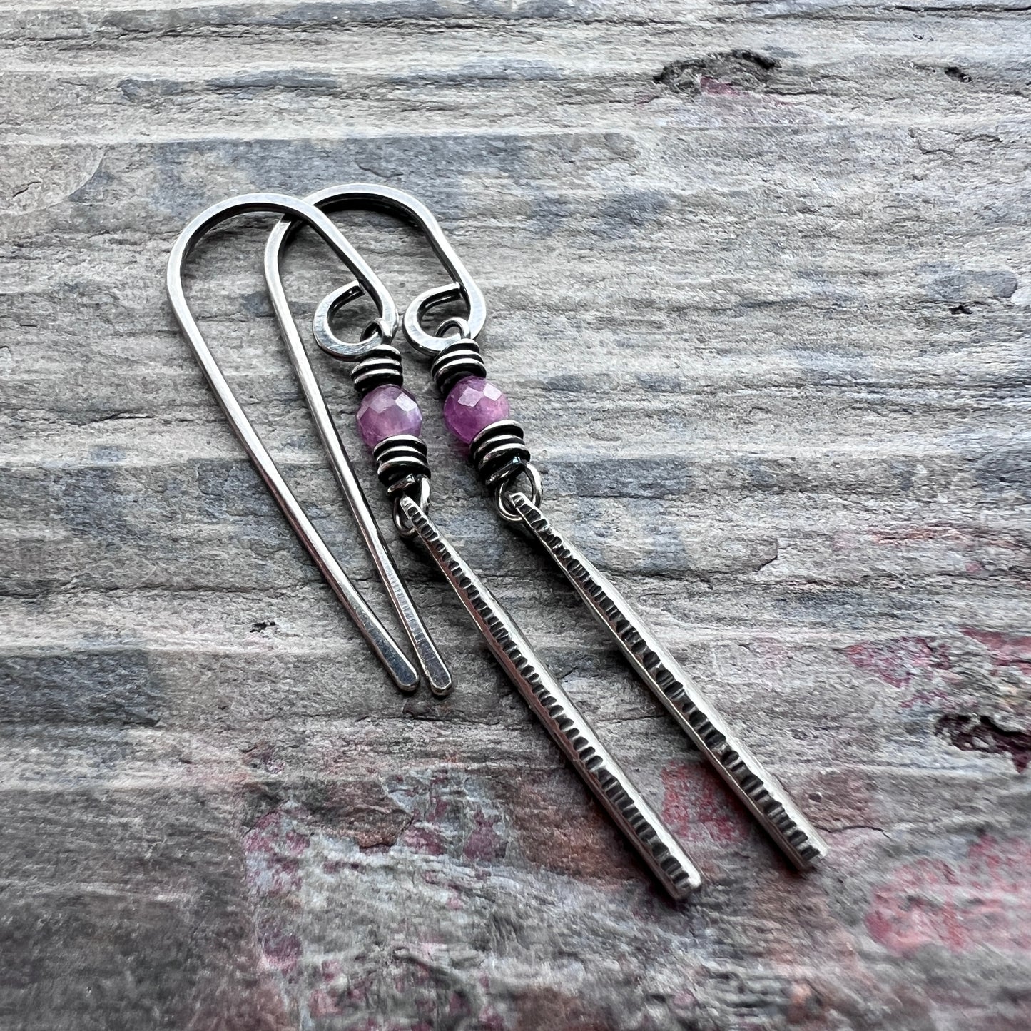 Customizable Sterling Silver Birthstone Earrings | Genuine Gemstone and Hammered Bar Dangle Earrings
