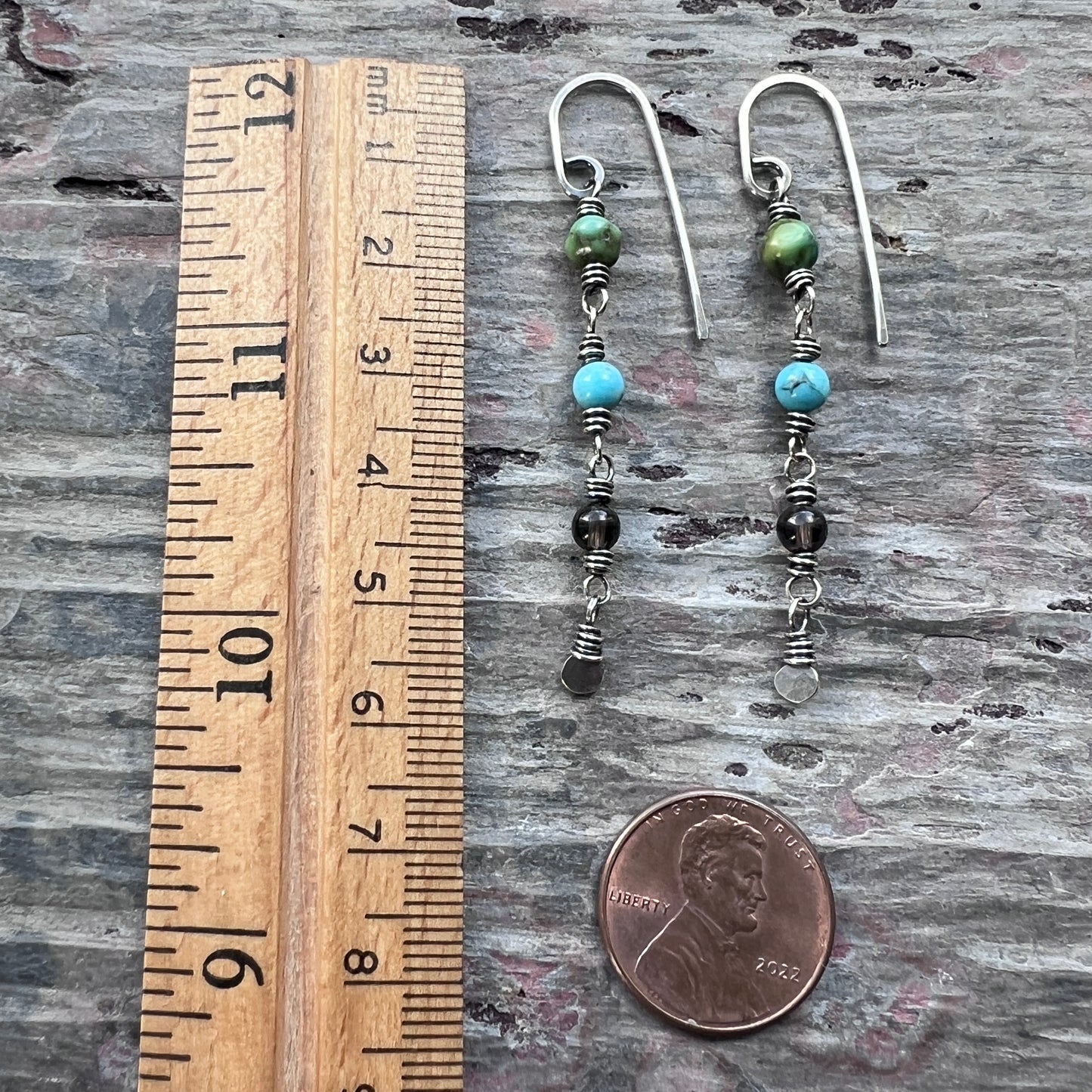 Sterling Silver Turquoise and Smoky Quartz Earrings | Natural Stone Long Dangle Earrings