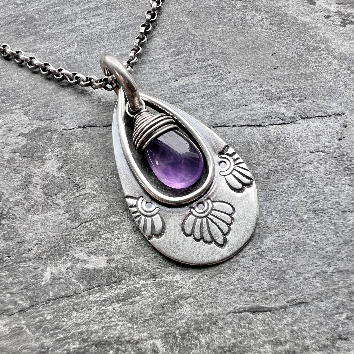 Genuine Amethyst Sterling Silver Necklace | Purple Teardrop Stamped Pendant