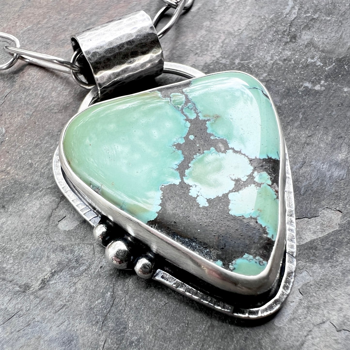 Sterling Silver Turquoise Necklace | Large Genuine Turquoise Pendant on Handmade Chain