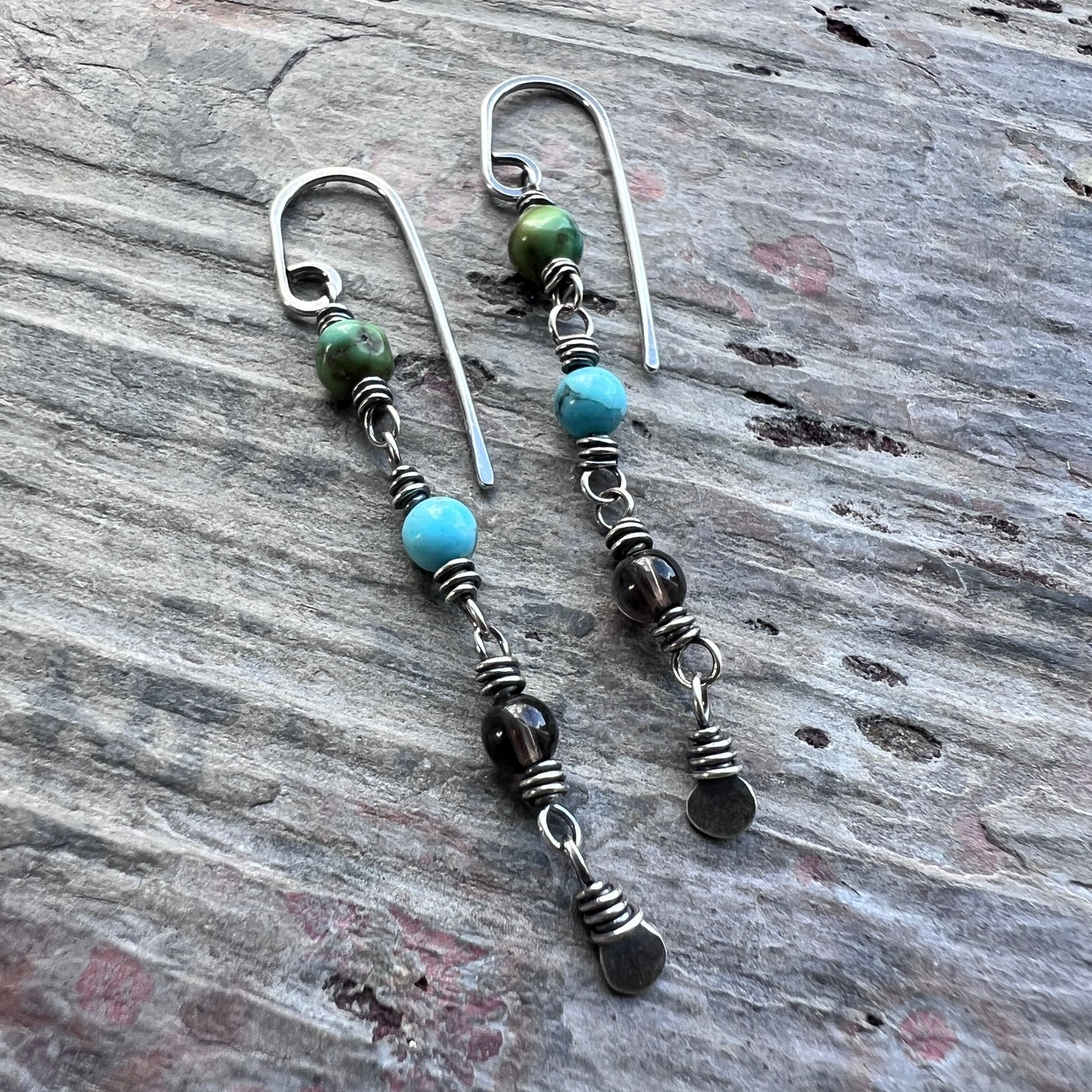Sterling Silver Turquoise and Smoky Quartz Earrings | Natural Stone Long Dangle Earrings