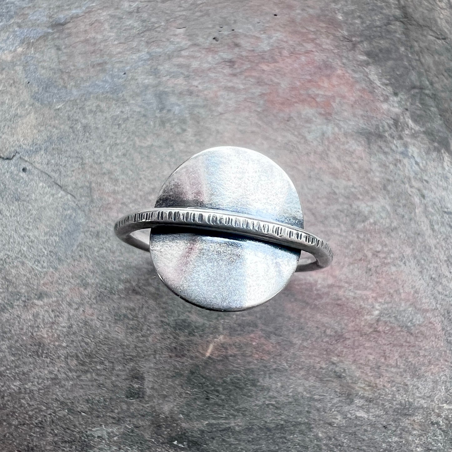 Sterling Silver Circle Ring | Minimalist Circle and Lined Texture Ring