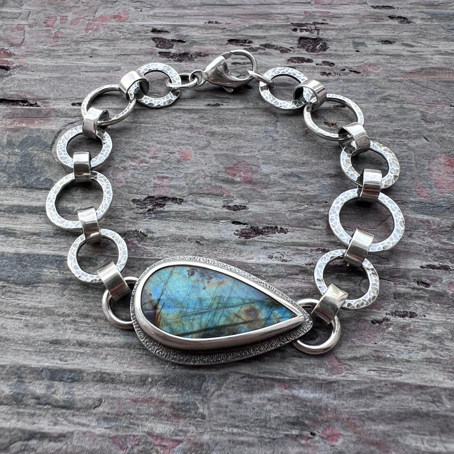 Labradorite Sterling Silver Bracelet | One-of-a-kind Natural Stone Hammered Link Bracelet