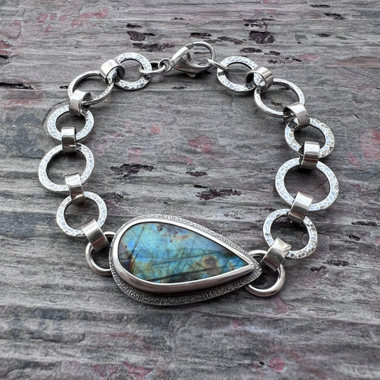 Labradorite Sterling Silver Bracelet | One-of-a-kind Natural Stone Hammered Link Bracelet