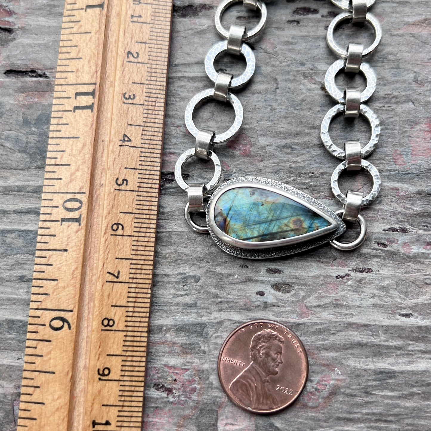 Labradorite Sterling Silver Bracelet | One-of-a-kind Natural Stone Hammered Link Bracelet