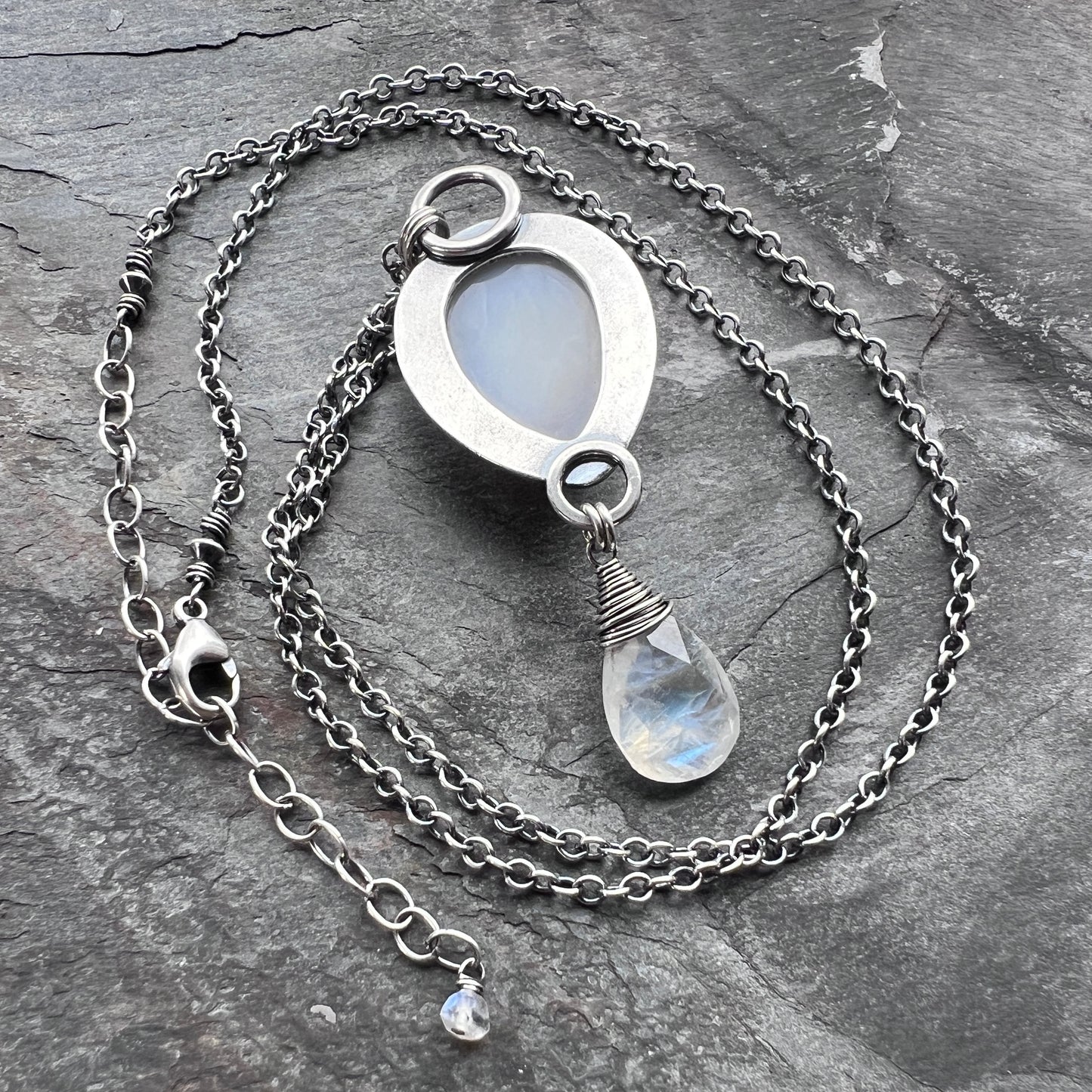 Sterling Silver Rainbow Moonstone and Druzy Necklace | Handmade One-of-a-Kind Stone Pendant