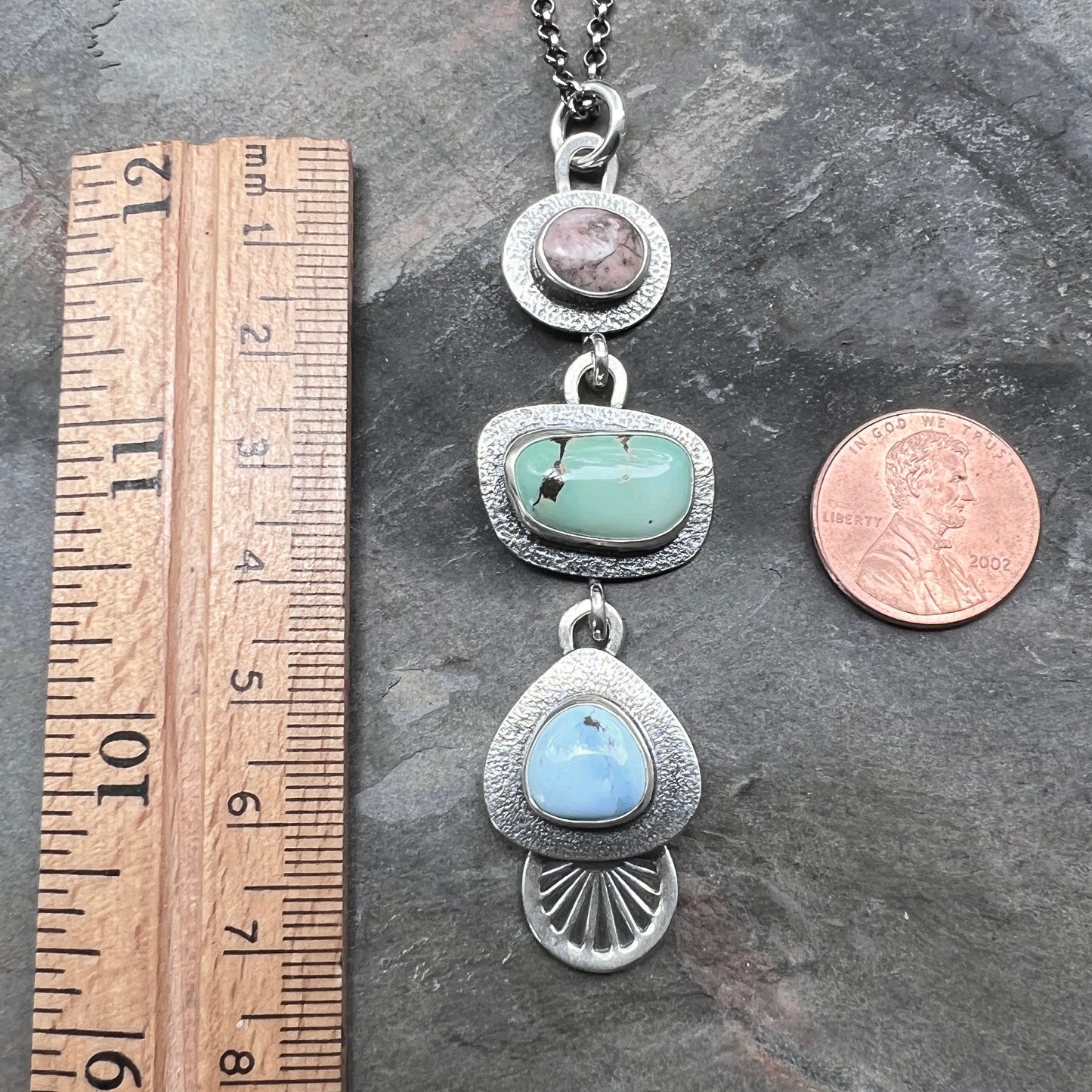Turquoise and Rhodonite Sterling Silver Necklace | Artisan One-of-a-kind Multi Stone Pendant