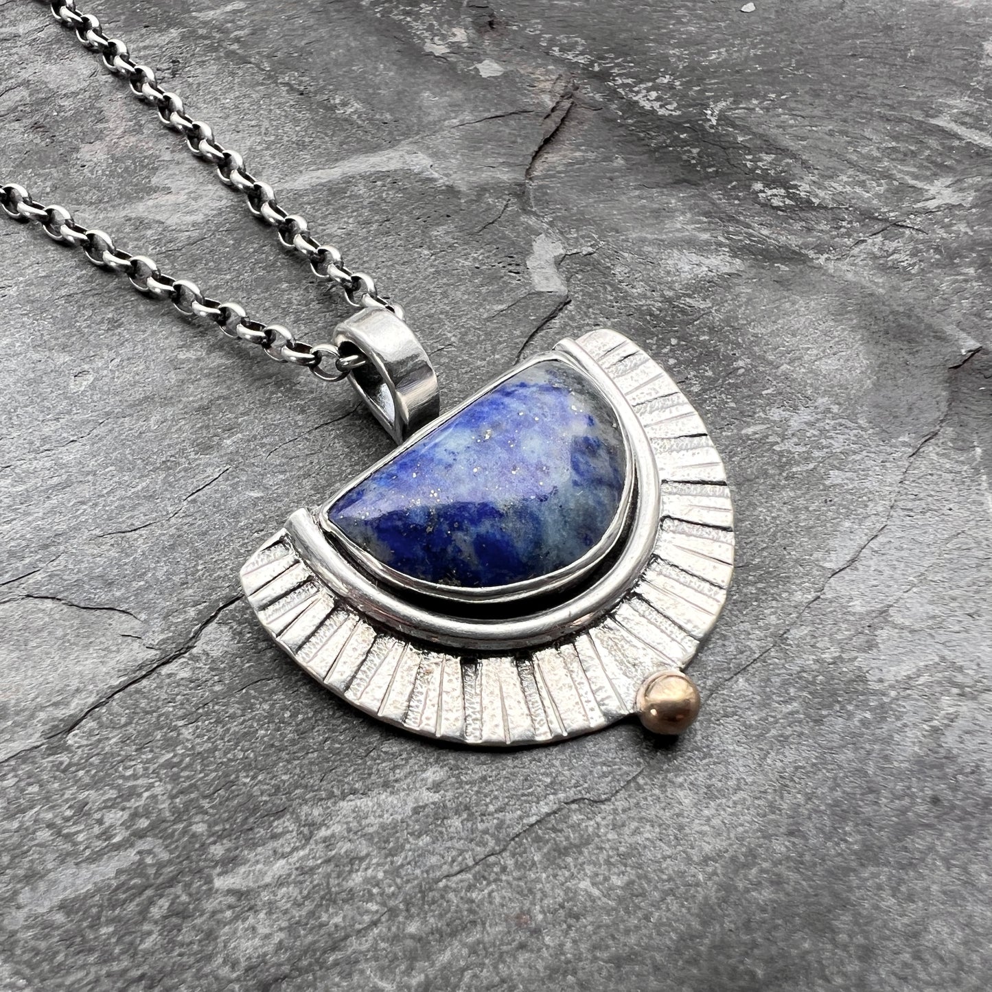 Sterling Silver Lapis Lazuli Necklace | Blue Natural Stone Half Moon Pendant