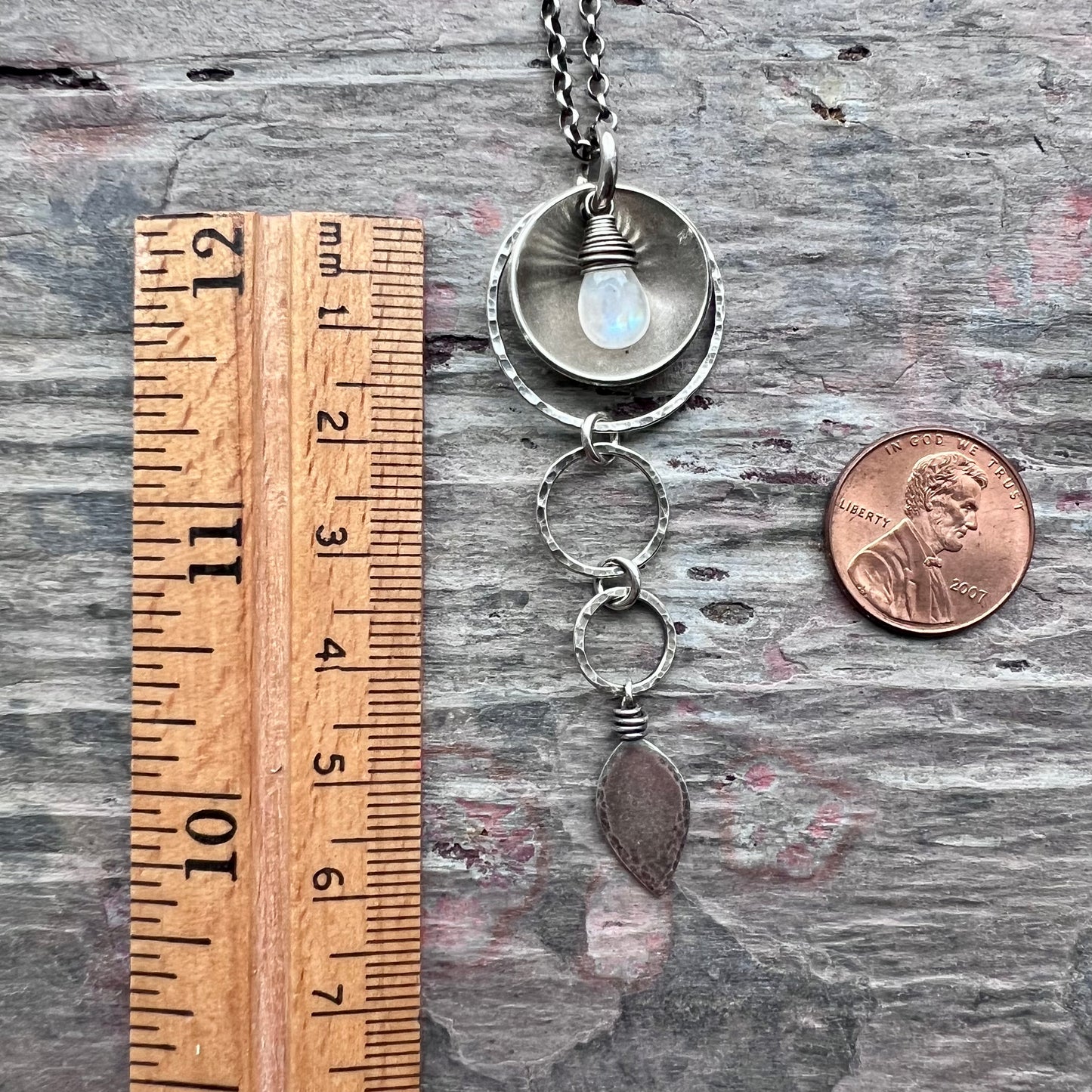 Sterling Silver Rainbow Moonstone Necklace | Hammered Silver Rings and Moonstone Pendant Necklace