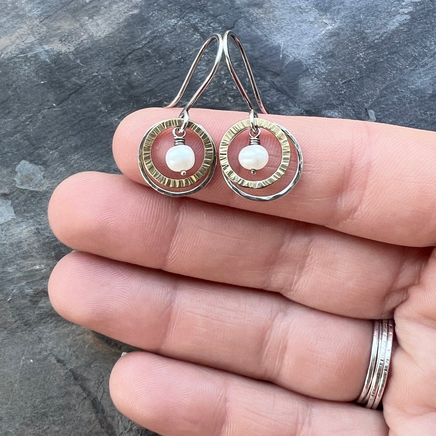 Sterling Silver Mixed Metal Pearl Earrings - Genuine Pearls in Hammered Silver and Brass Dangle Earrings
