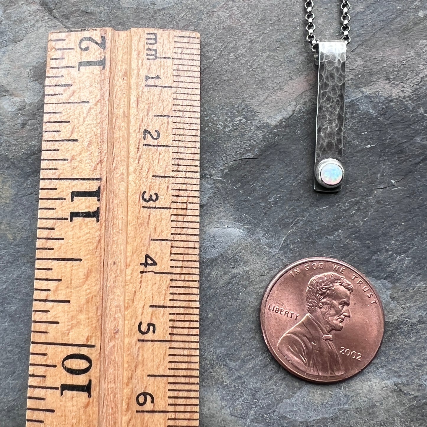 Opal and Sterling Silver Bar Necklace - Hammered Sterling Silver Bar and Simulated Opal Cabochon Pendant Necklace