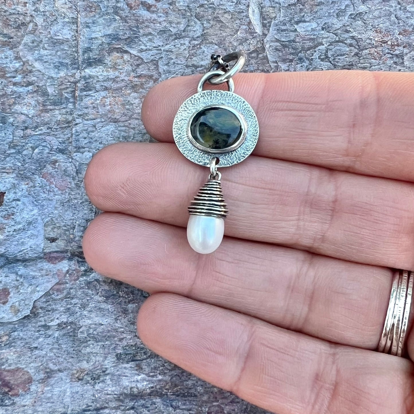 Sterling Silver Opal and Pearl Necklace - Genuine Peruvian Opal and Fresh Water Pearl Pendant - Handmade Jewelry Unique Gift for Her