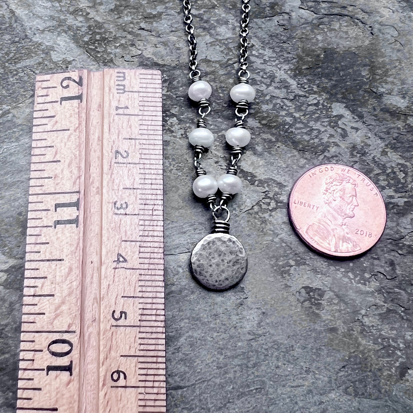 Sterling Silver Pearl Necklace | Wire-wrapped Pearls with Hammered Silver Pebble Pendant