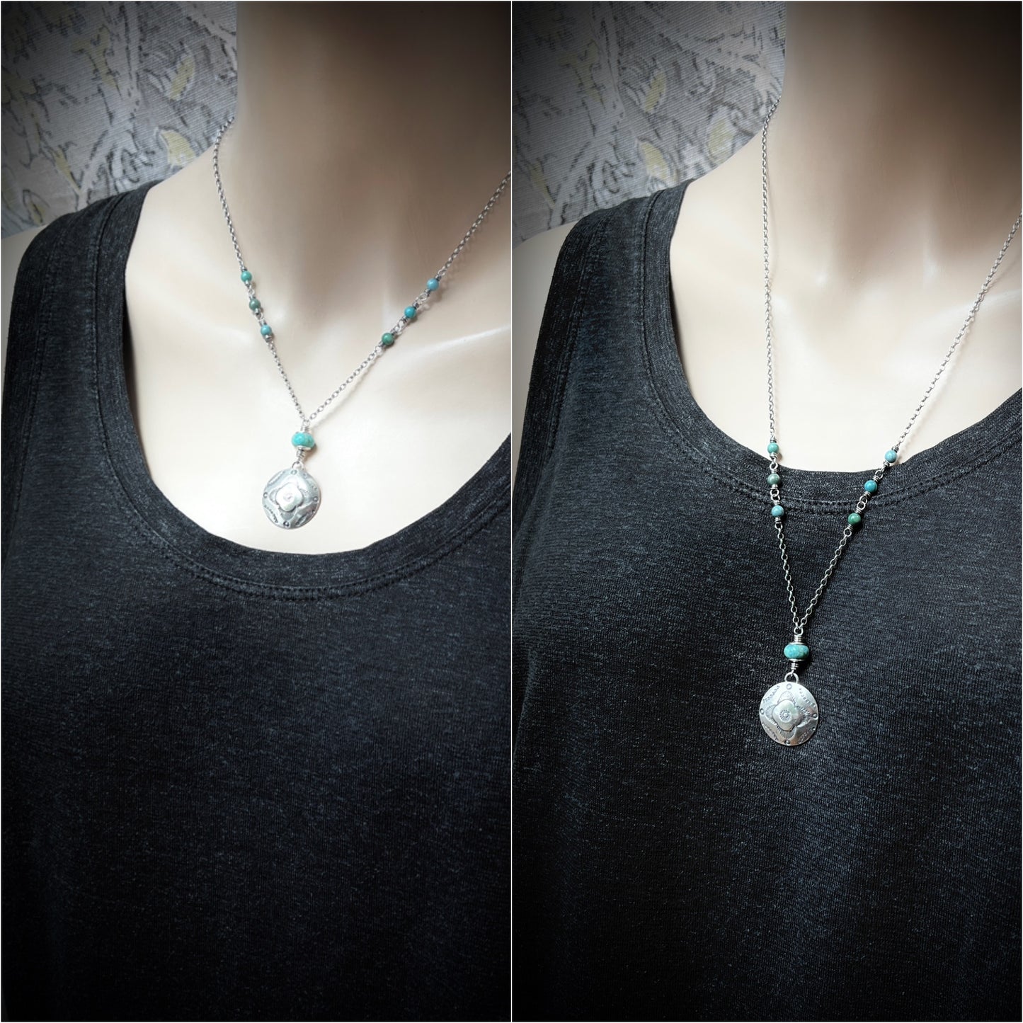 Sterling Silver Turquoise Necklace | Stamped Pendant with Genuine Turquoise Stone Beads
