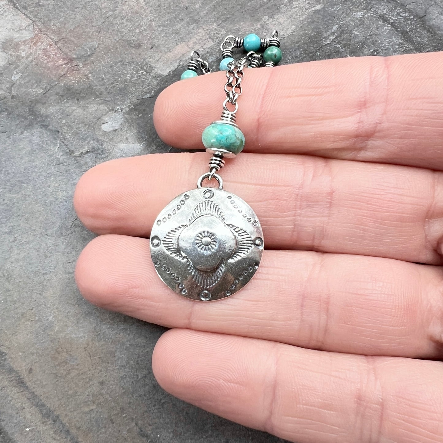 Sterling Silver Turquoise Necklace | Stamped Pendant with Genuine Turquoise Stone Beads