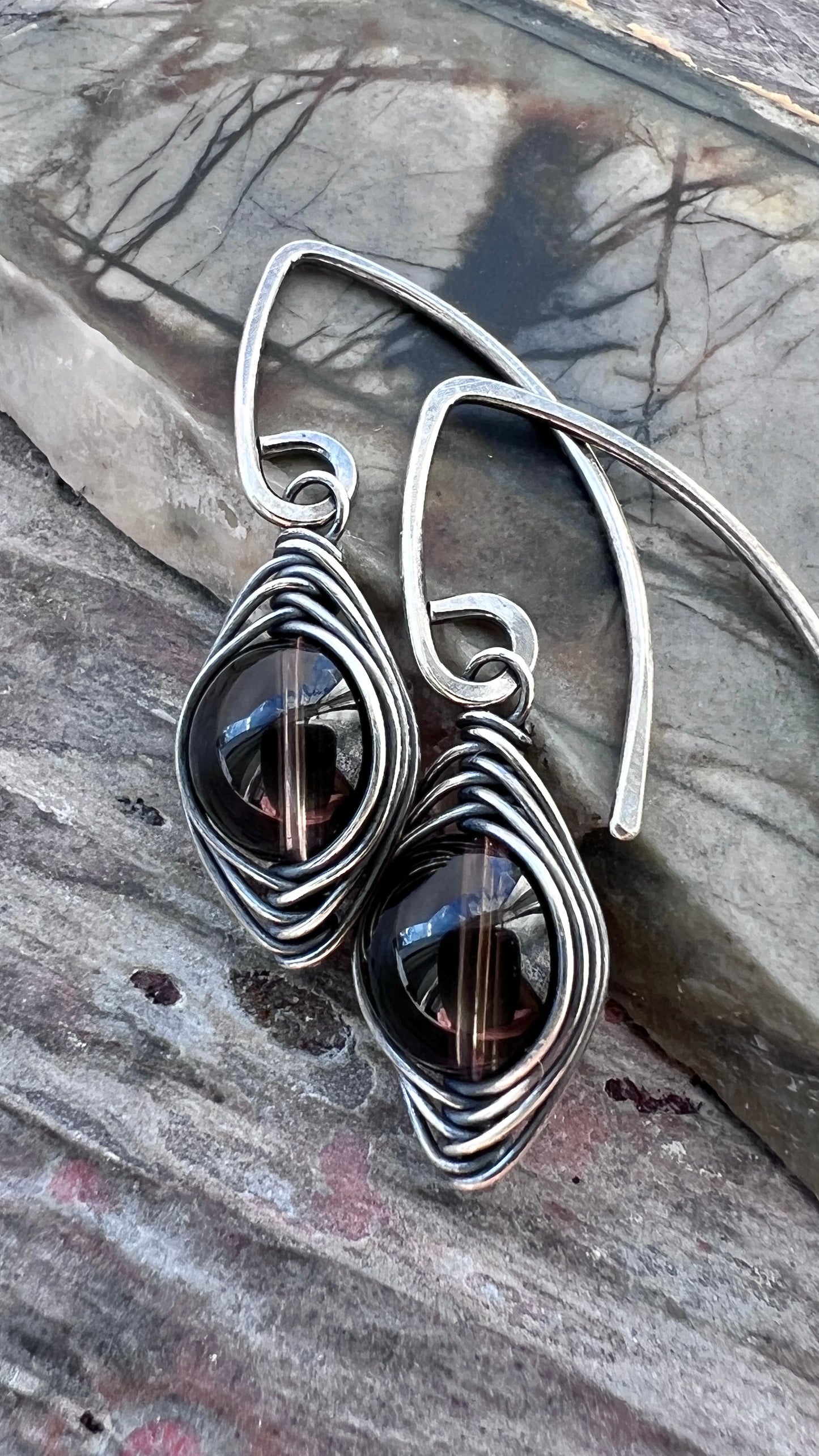 Sterling Silver Smoky Quartz Earrings | Brown Natural Stone Wire-wrapped Dangle Earrings
