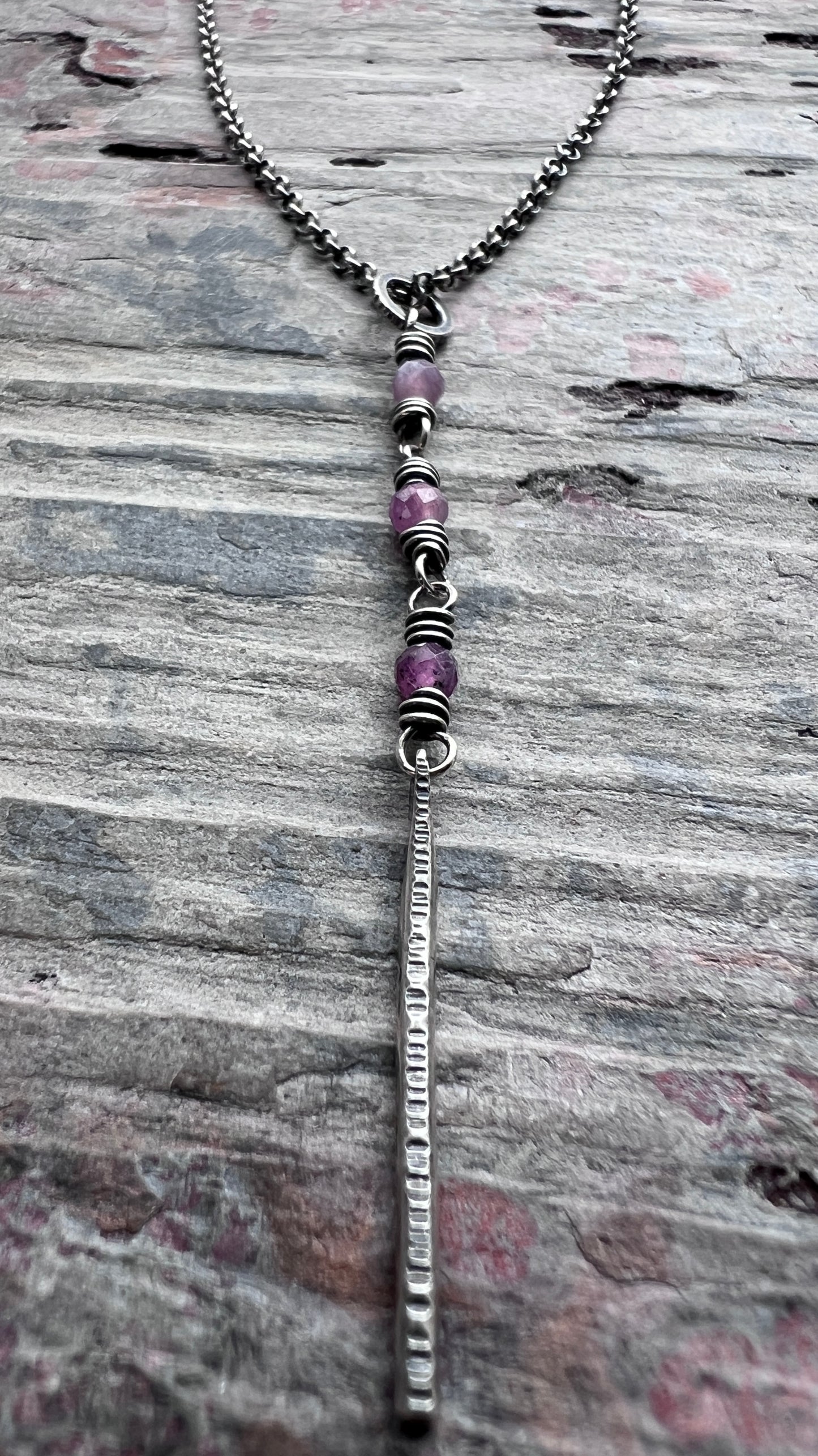 Customizable Sterling Silver Birthstone Necklace | Genuine Gemstone and Dainty Hammered Bar Pendant