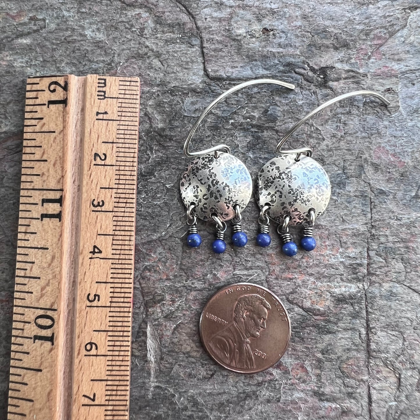 Sterling Silver Lapis Earrings Beaded Genuine Lapis Lazuli and Silver Circle Blue Dangle Earrings