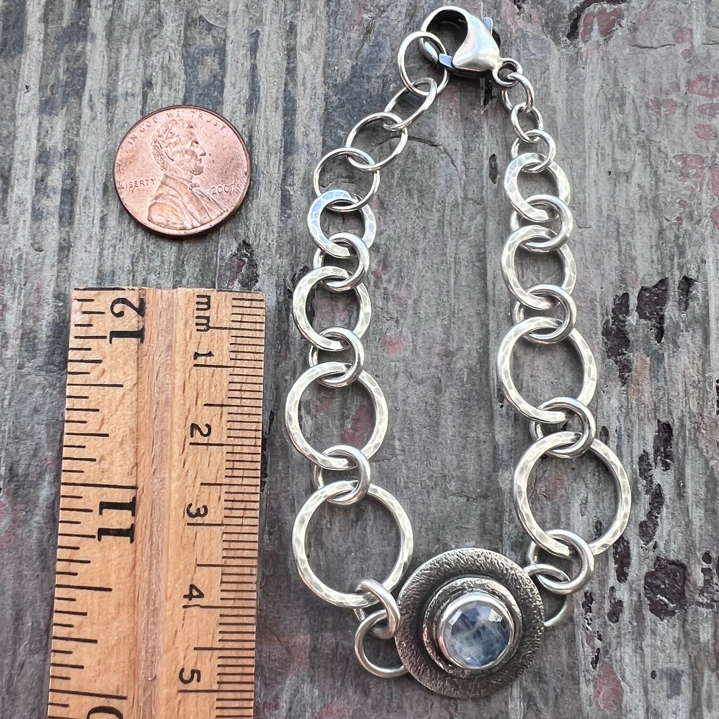 Sterling Silver Rainbow Moonstone Bracelet | Natural Stone Hammered Silver Bracelet